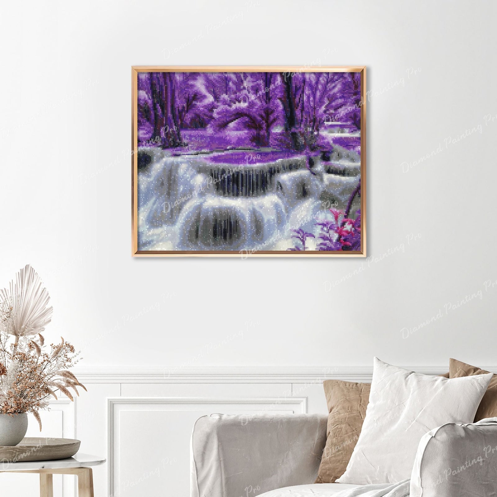 Purple Waterfall Finished Diamond Painting Displayed with Gold Frame as Home Decor