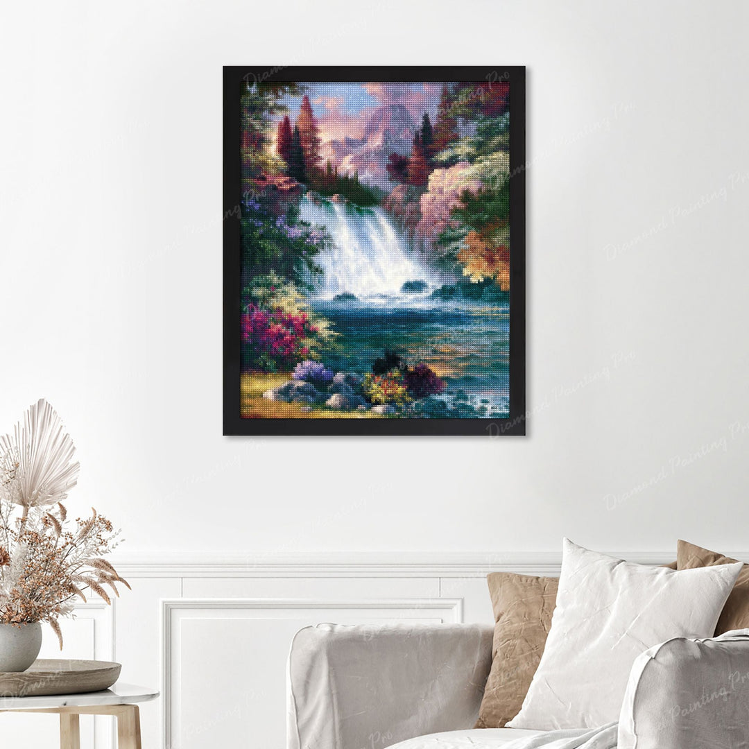 Waterfalls Finished Diamond Painting Displayed with Black Frame as Home Decor