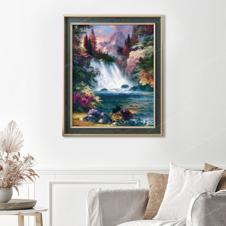 Waterfalls Finished Diamond Painting Displayed with Vintage Frame as Home Decor