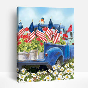 Independence Day Truck with Flags and Flowers | Paint By Numbers