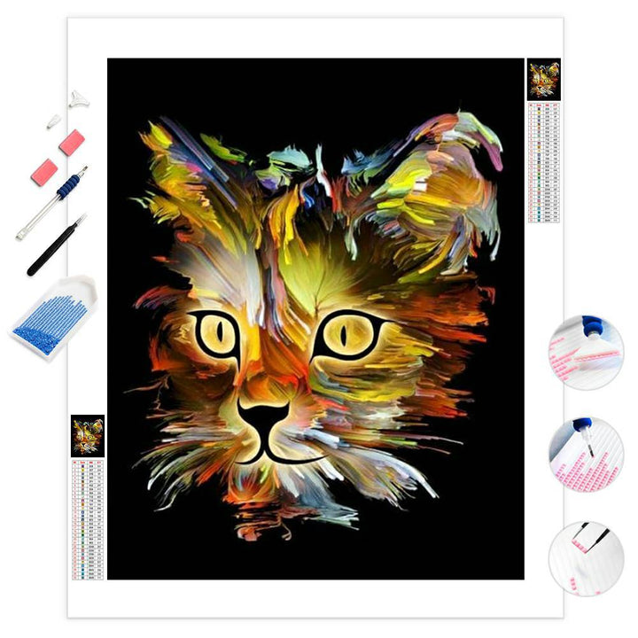Colorful Cat on Black Background | Diamond Painting