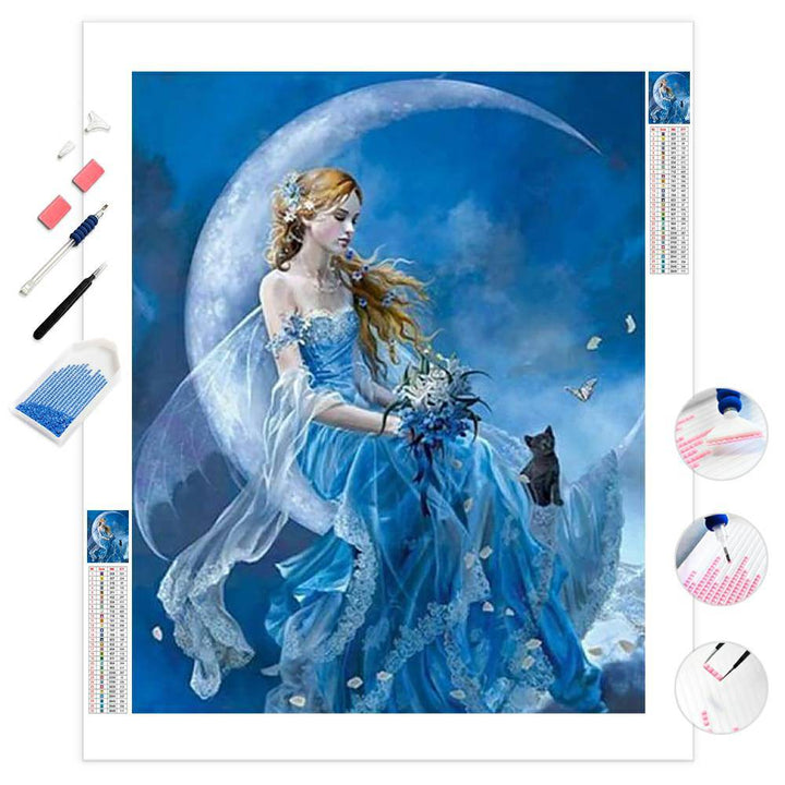Girl And Her Cat By The Moon | Diamond Painting