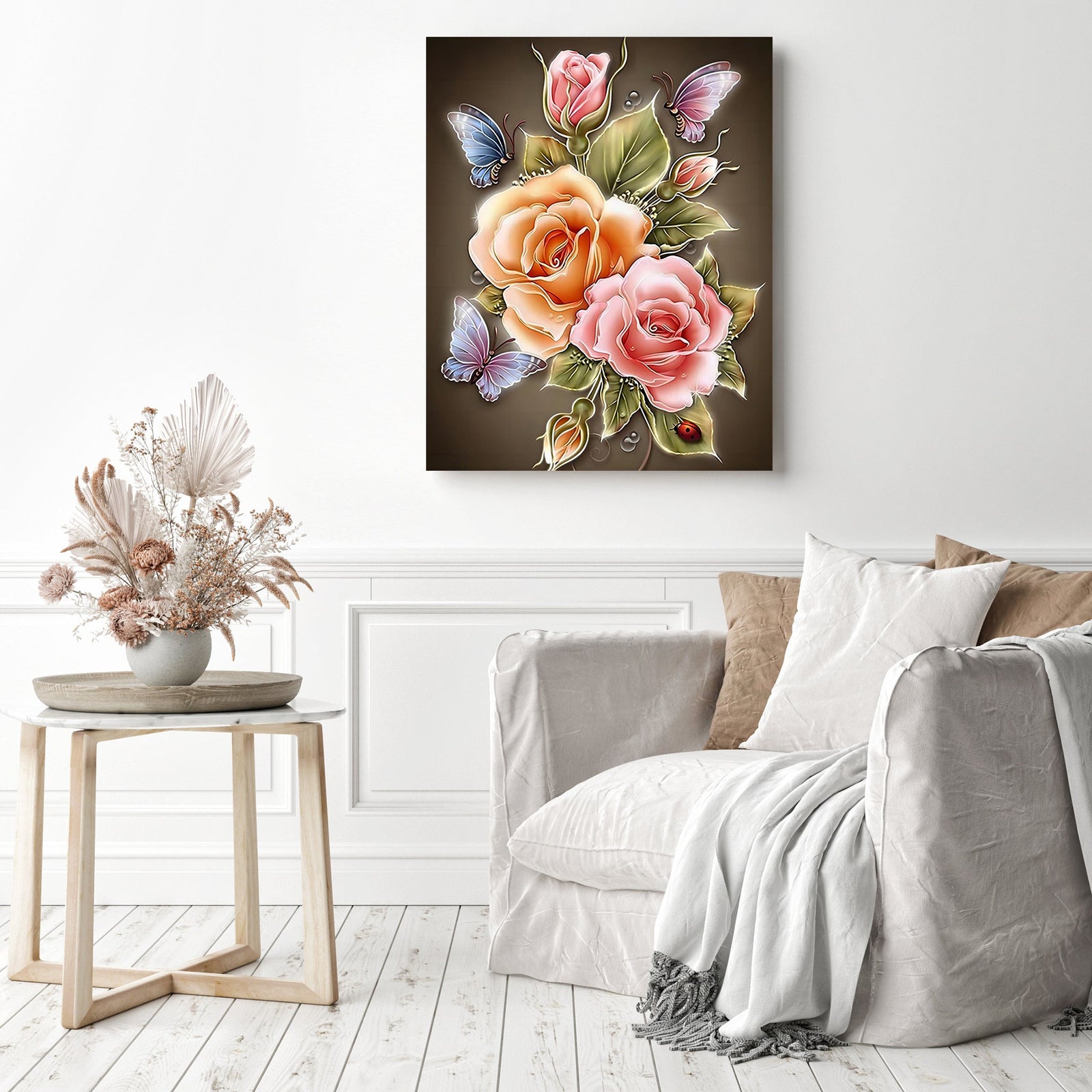 Flower with Butterflies | Diamond Painting Displayed as Home Decor