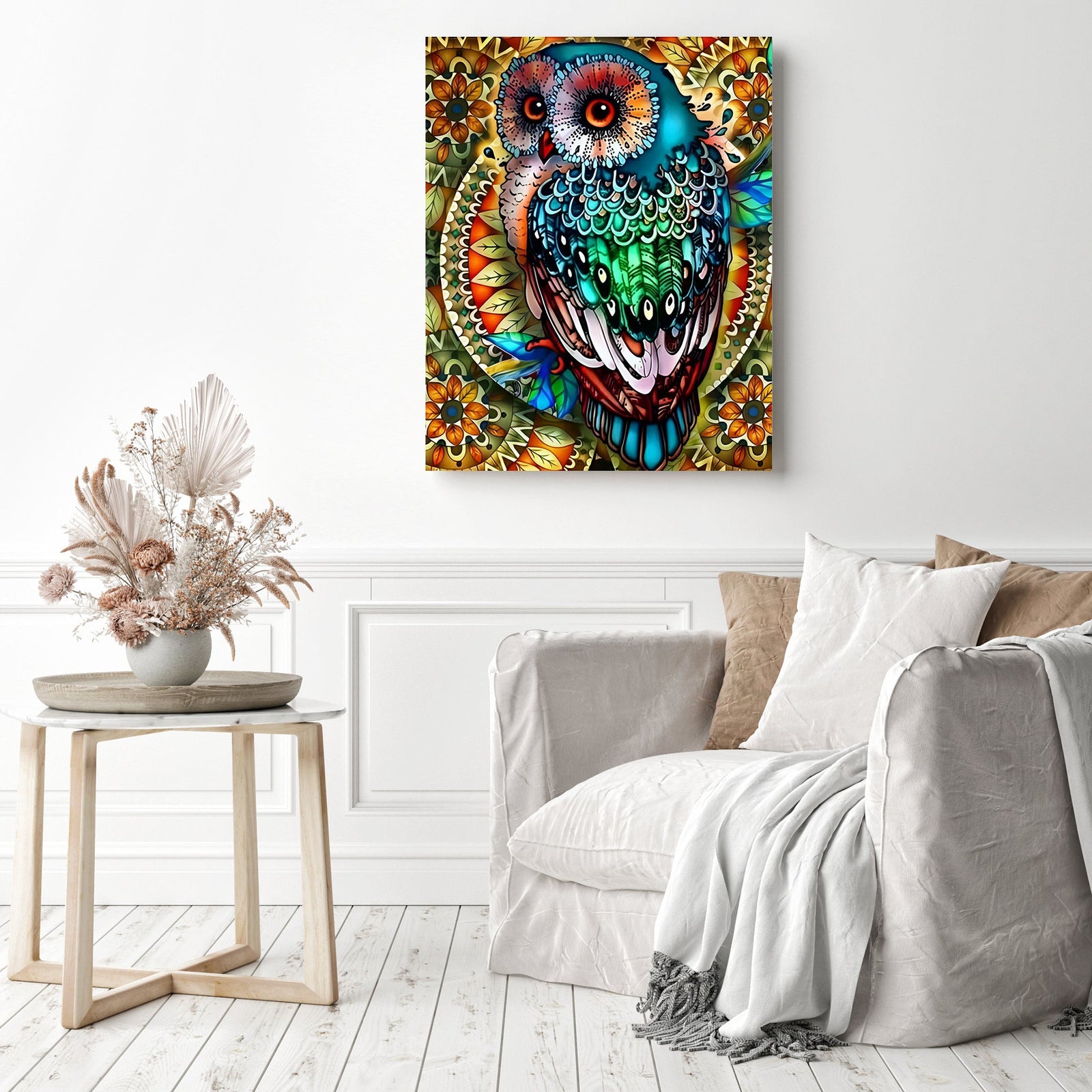 Mandala Berry Branch Owl | Diamond Painting Displayed as Home Decor