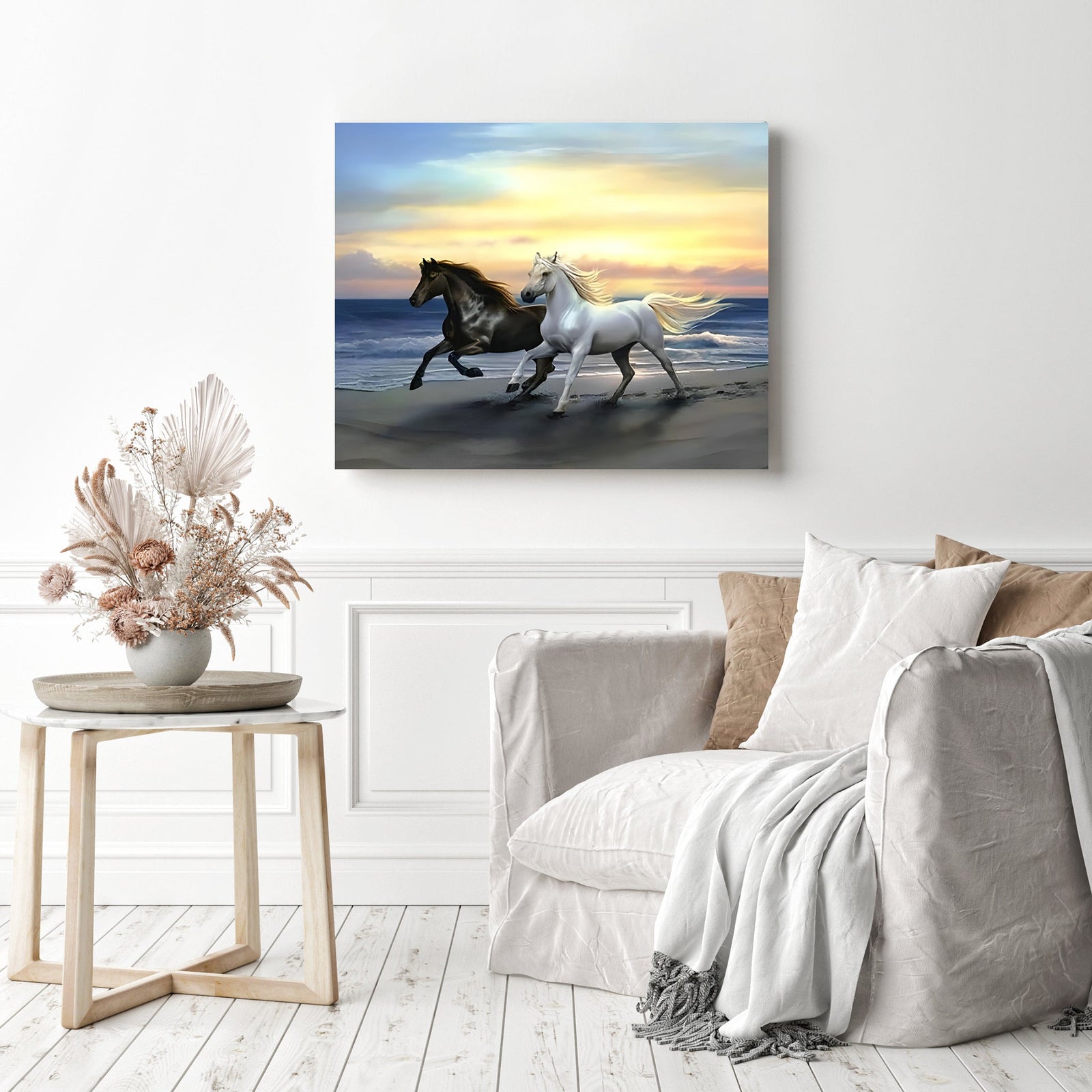 Seaside Stallion in Harmony | Diamond Painting Displayed as Home Decor