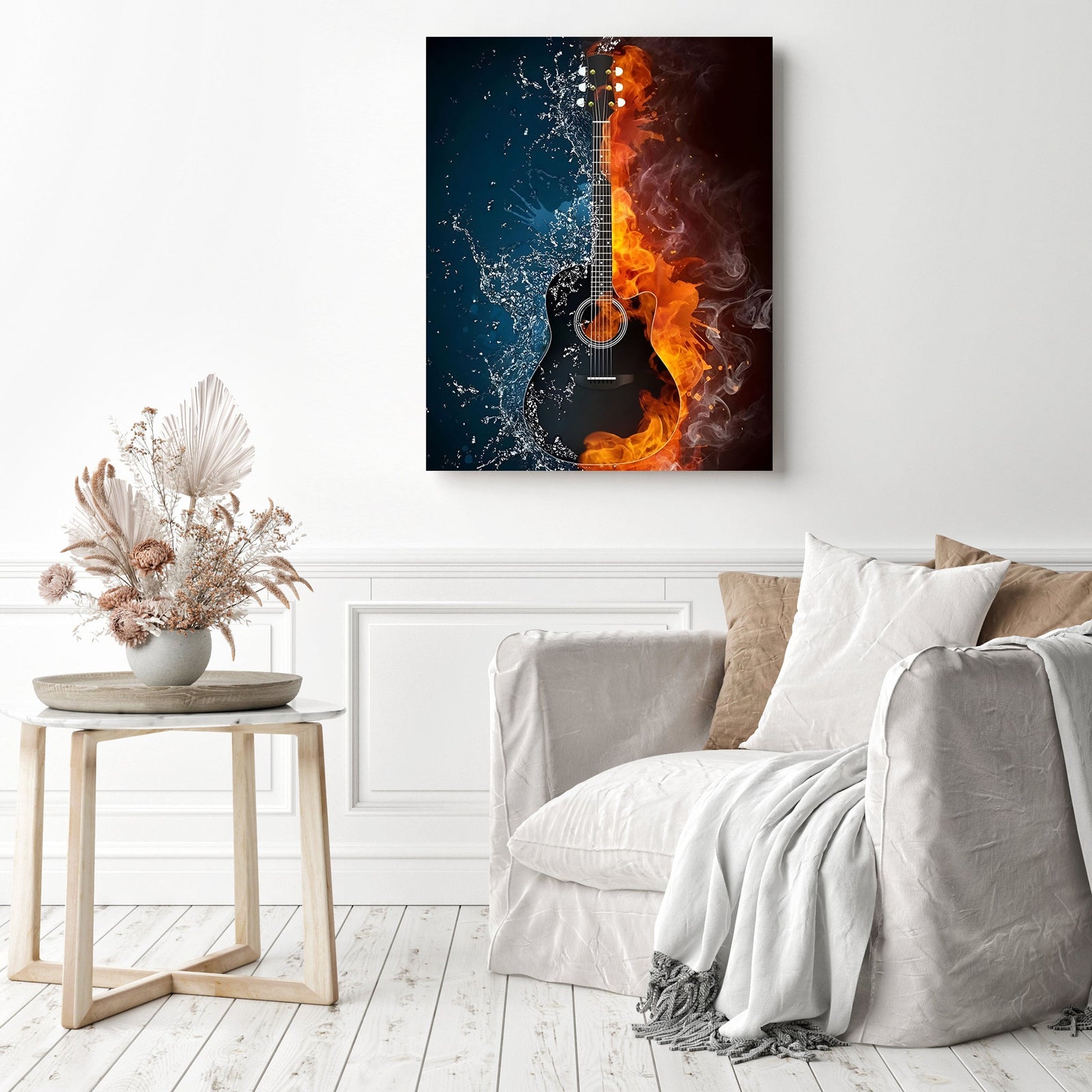 Fire & Water Guitar | Diamond Painting Displayed as Home Decor