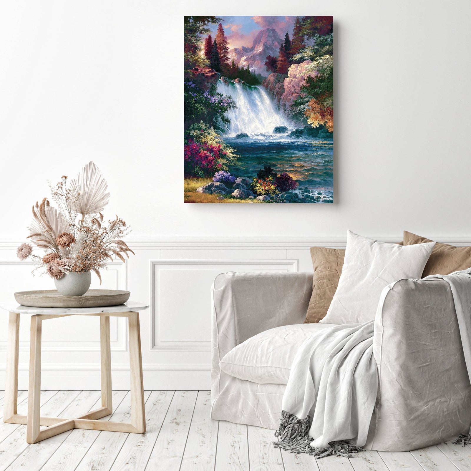 Waterfall among Forest | Diamond Painting Displayed as Home Decor