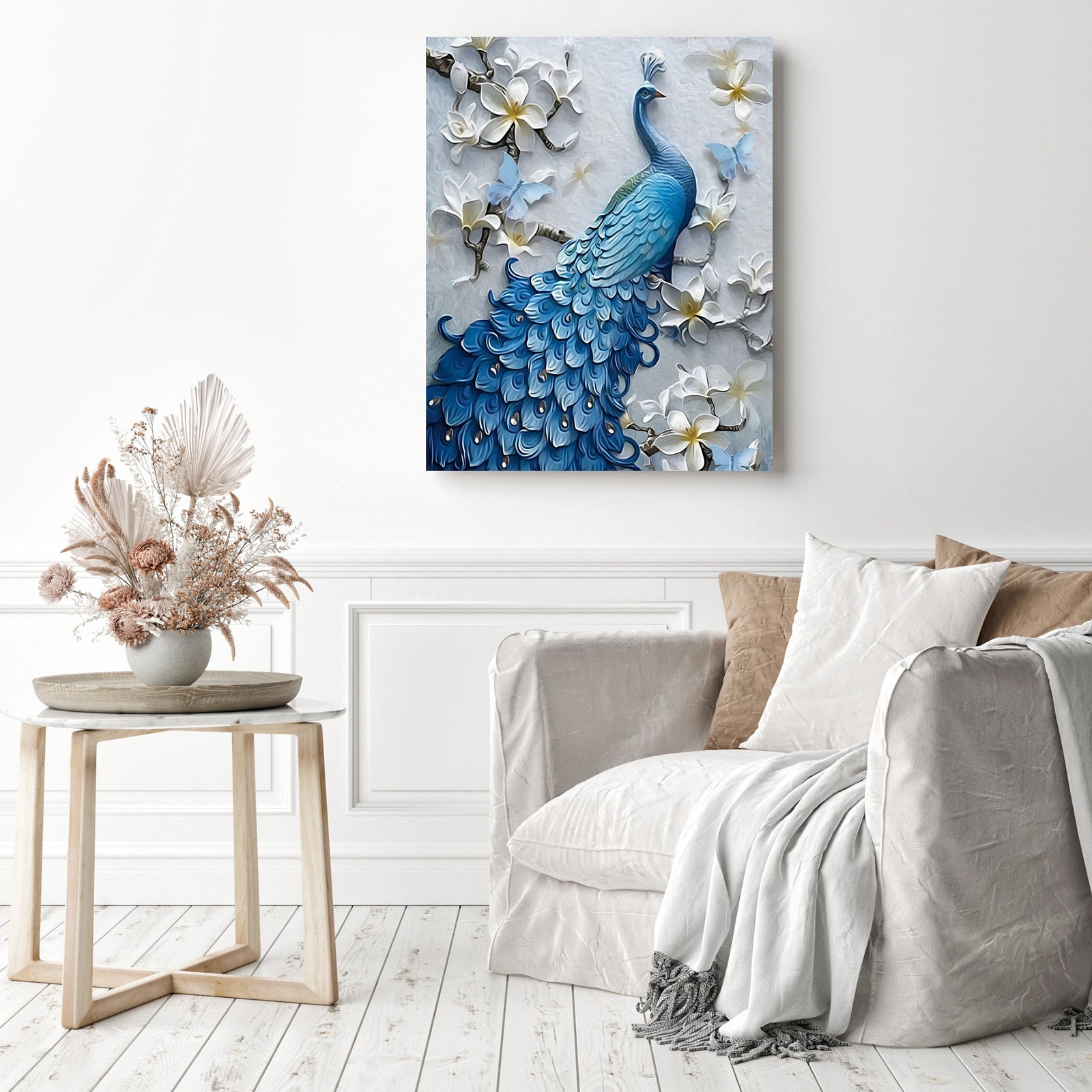 Blue Peacock Flower | Diamond Painting Displayed as Home Decor