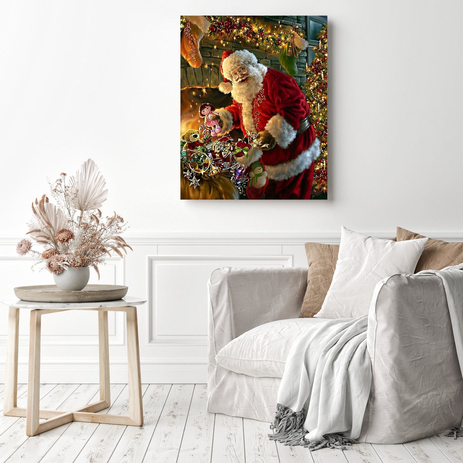 Christmas Santa with Gifts | Diamond Painting Displayed as Home Decor