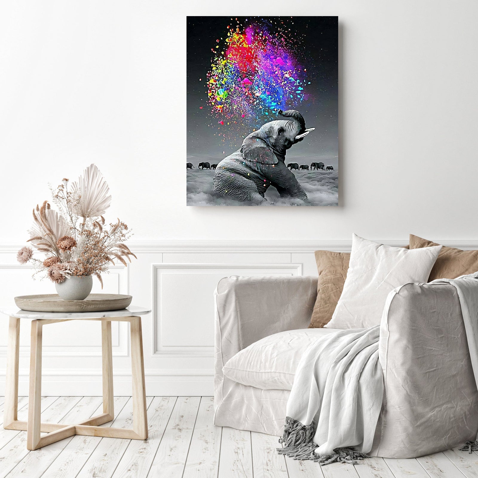 Elephant Spraying Colors | Diamond Painting Displayed as Home Decor