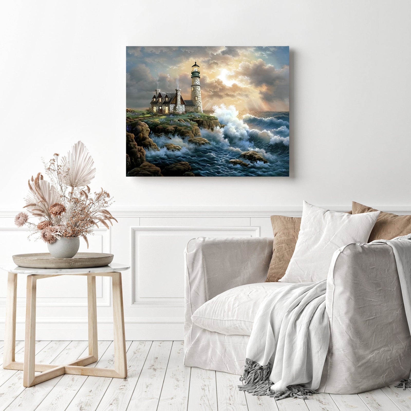 Crashing Waves Lighthouse | Diamond Painting Displayed as Home Decor