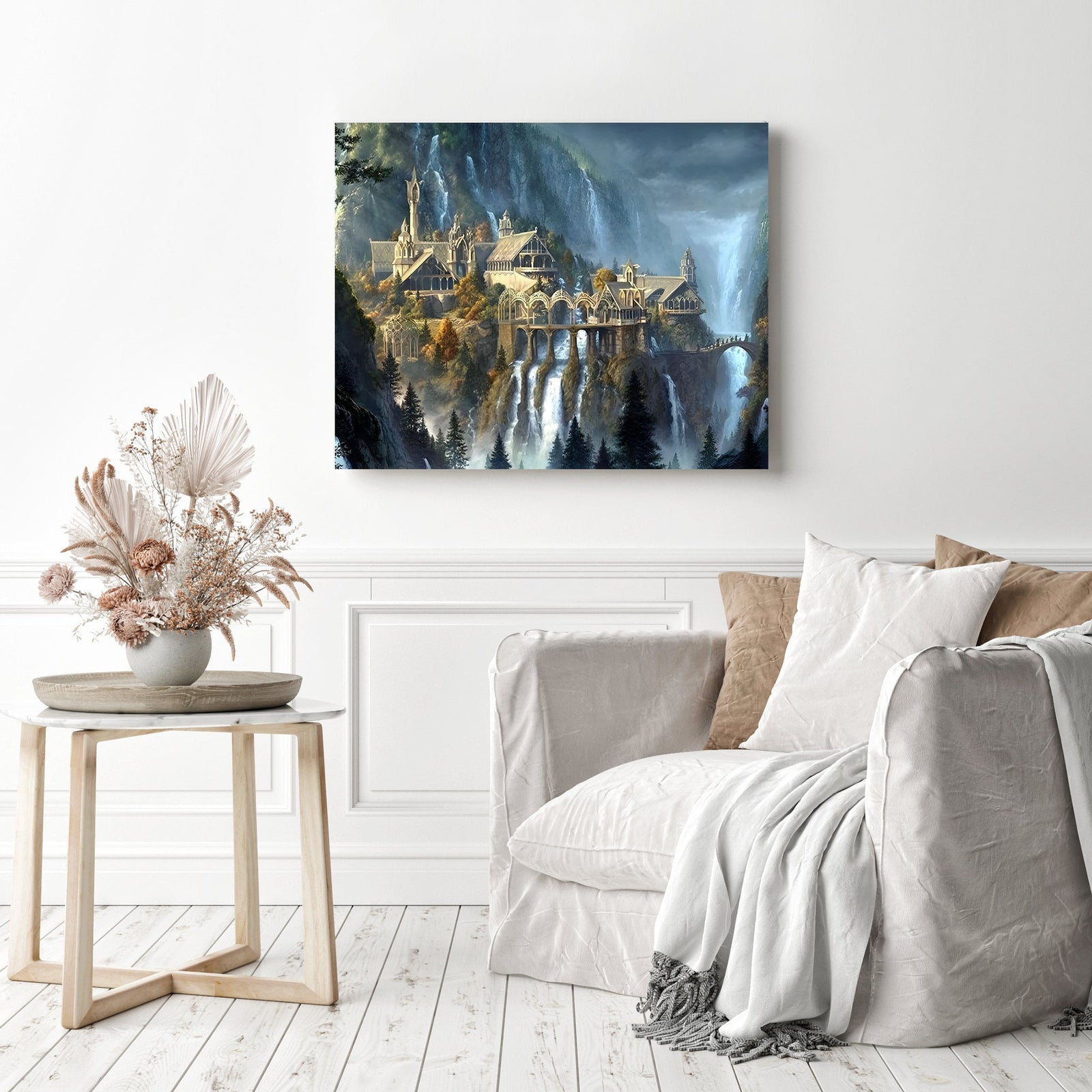 Dream Mysterious Castle Waterfall | Diamond Painting Displayed as Home Decor