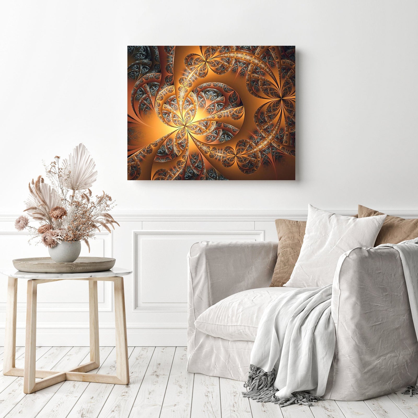 Abstract Gold Spiral | Diamond Painting Displayed as Home Decor