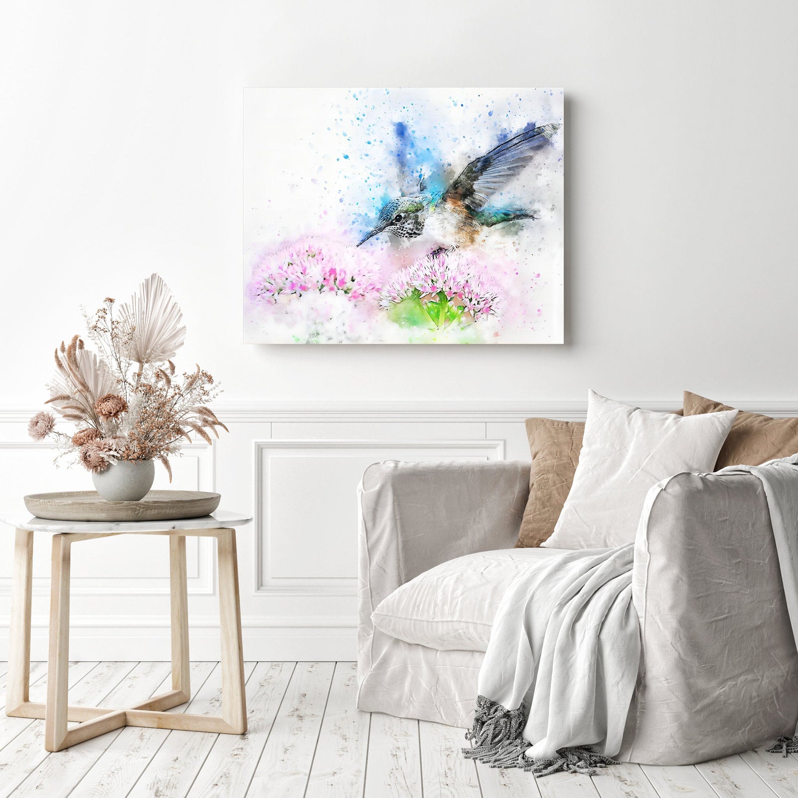 Abstract Hummingbird Watercolor | Diamond Painting Displayed as Home Decor