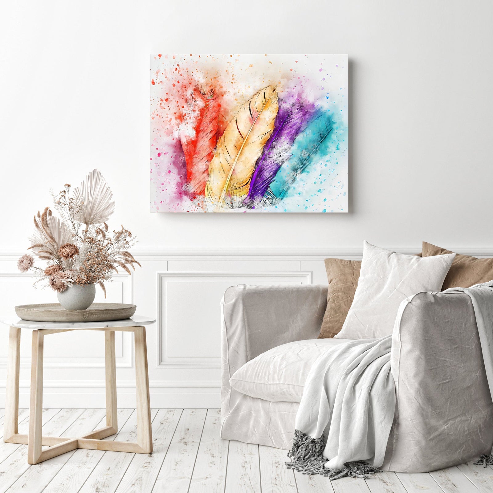 Colorful Feather | Diamond Painting Displayed as Home Decor