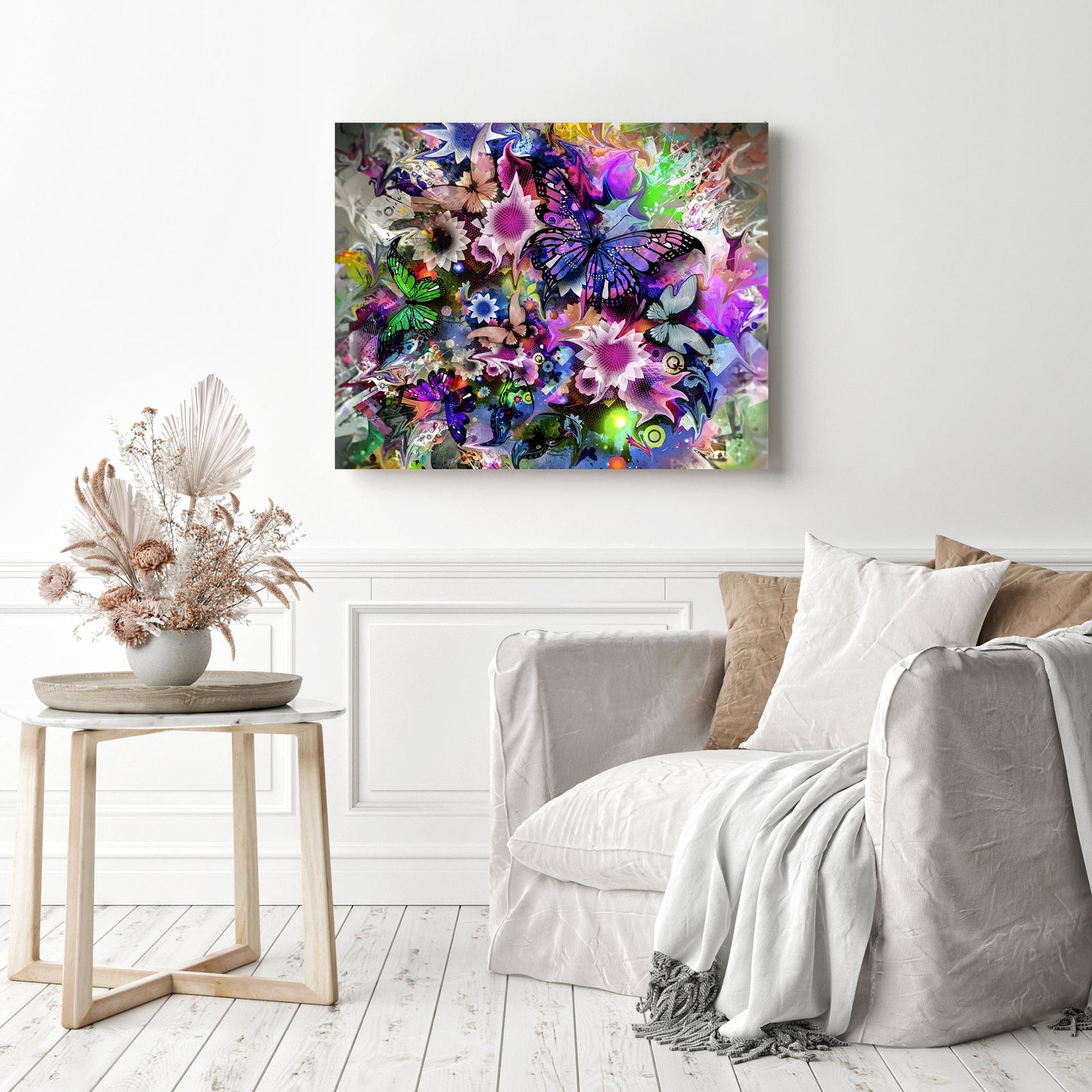 Vibrant Butterfly Explosion | Diamond Painting Displayed as Home Decor