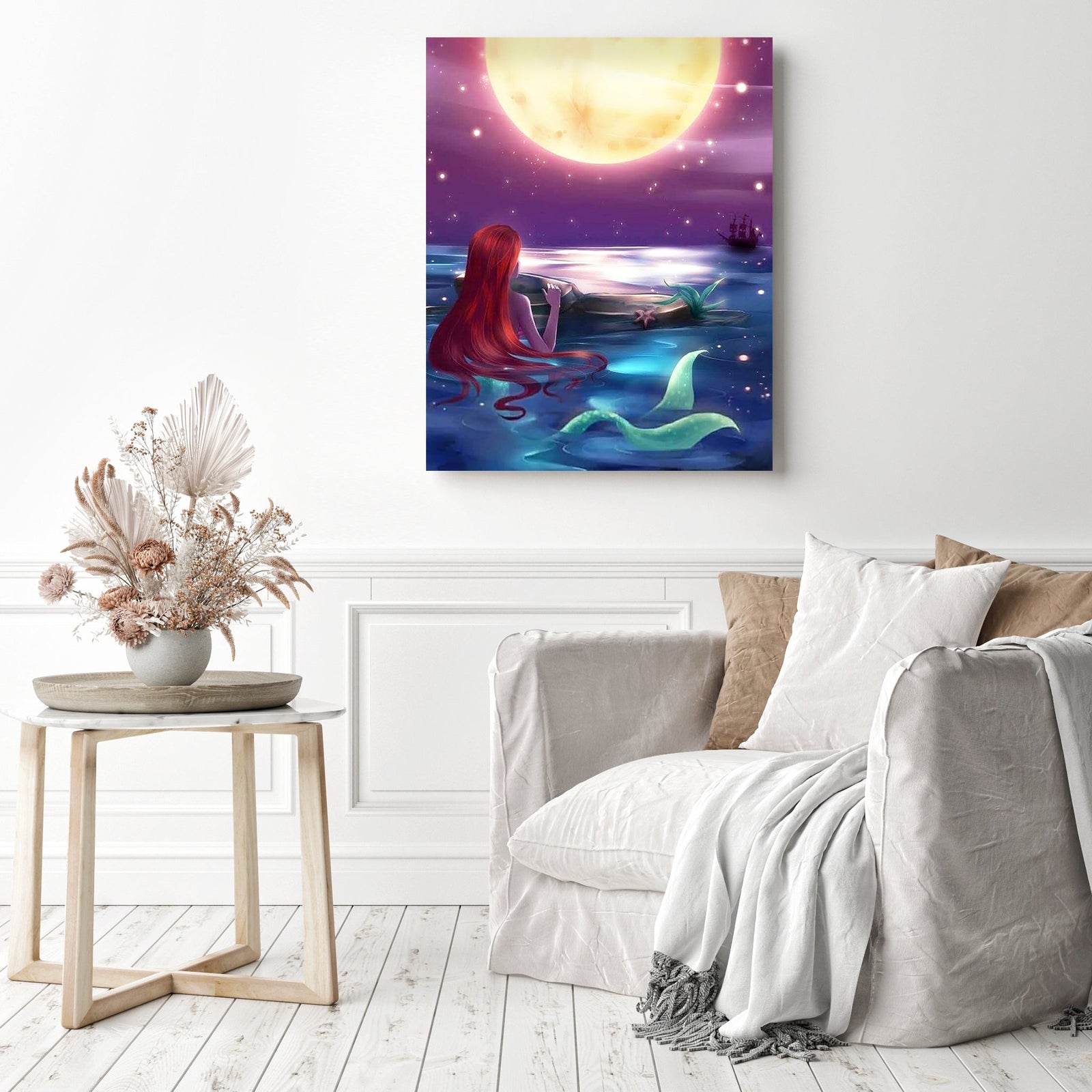 The Little Mermaid Watching the Moon | Diamond Painting Displayed as Home Decor