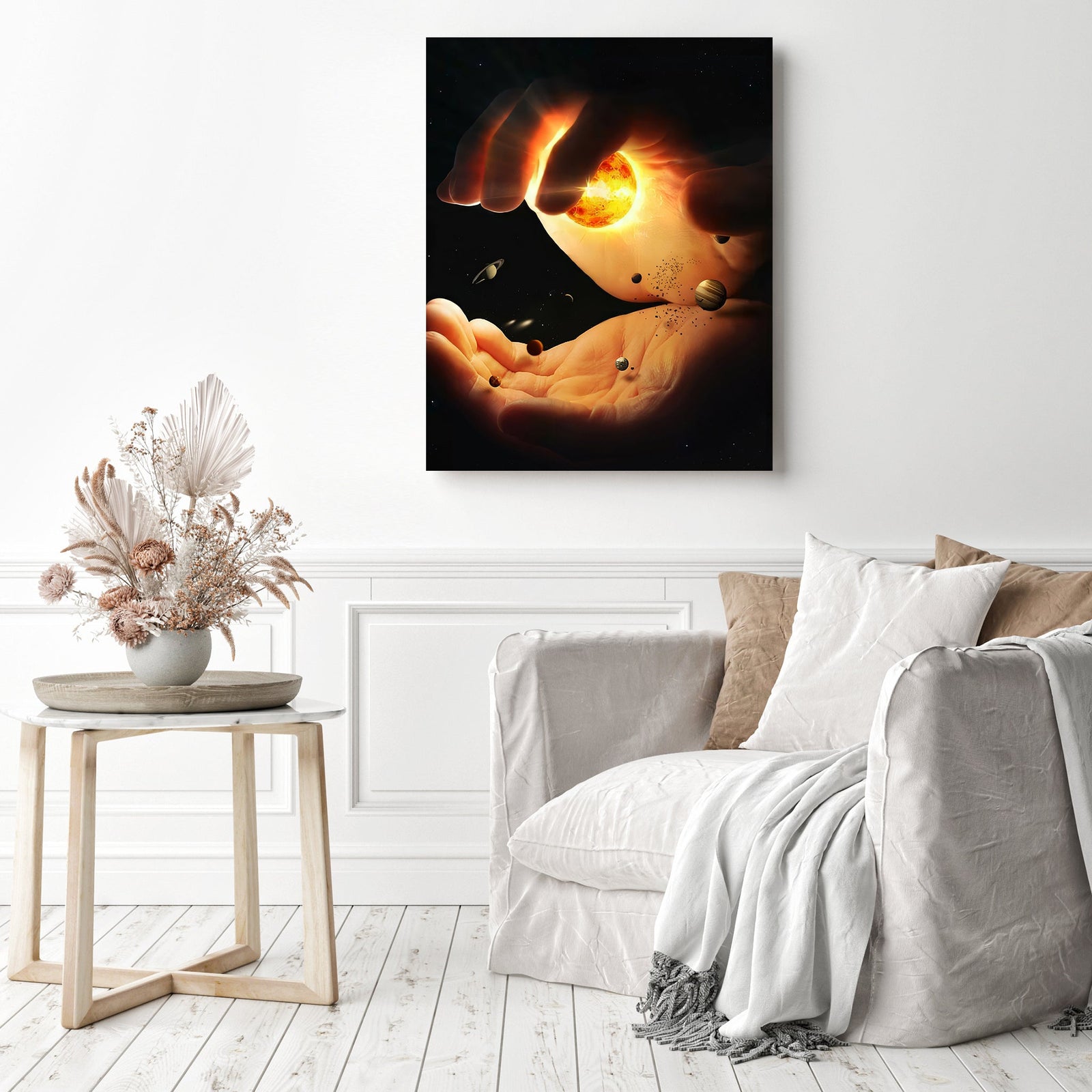 Galaxy in His Hands | Diamond Painting Displayed as Home Decor