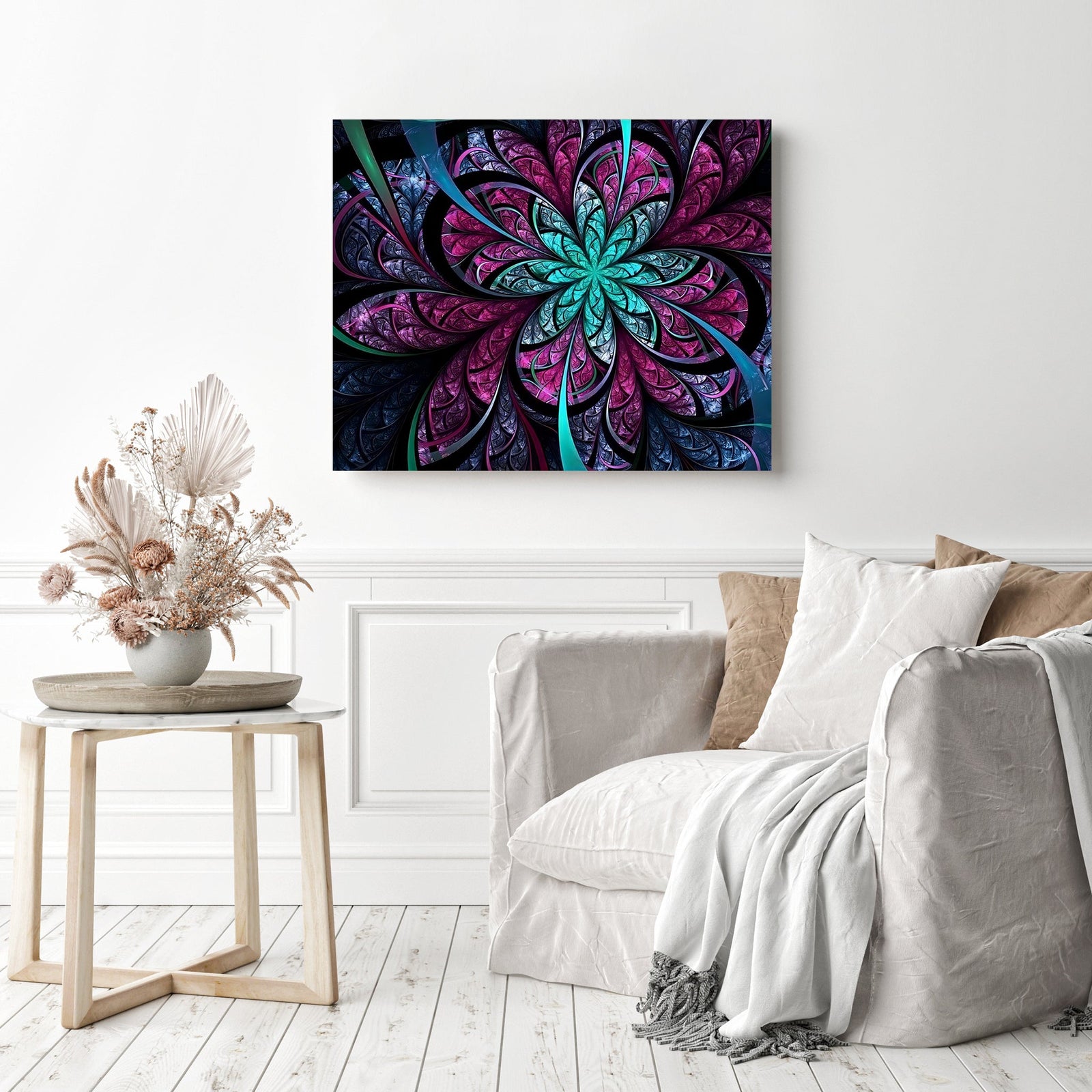 Dark Purple and Blue Fractal Flower | Diamond Painting Displayed as Home Decor