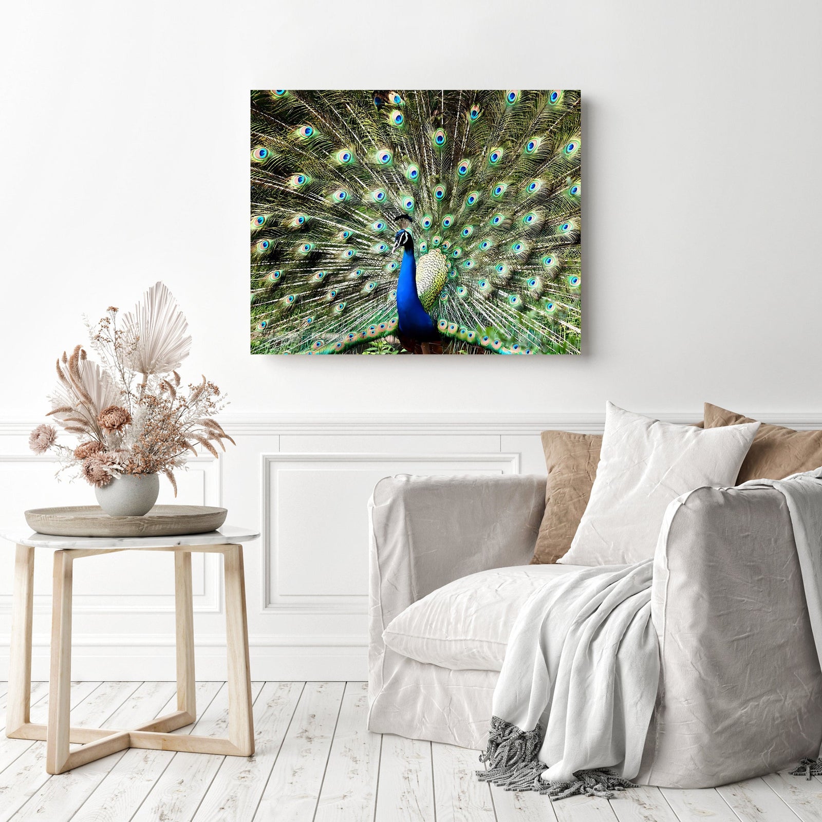 Blue and Green Peacock | Diamond Painting Displayed as Home Decor