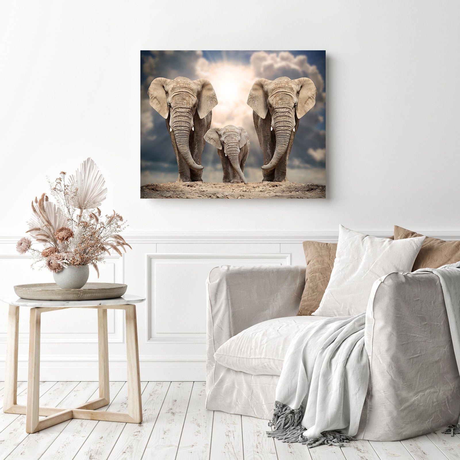 Elephant Family Under the Sun | Diamond Painting Displayed as Home Decor