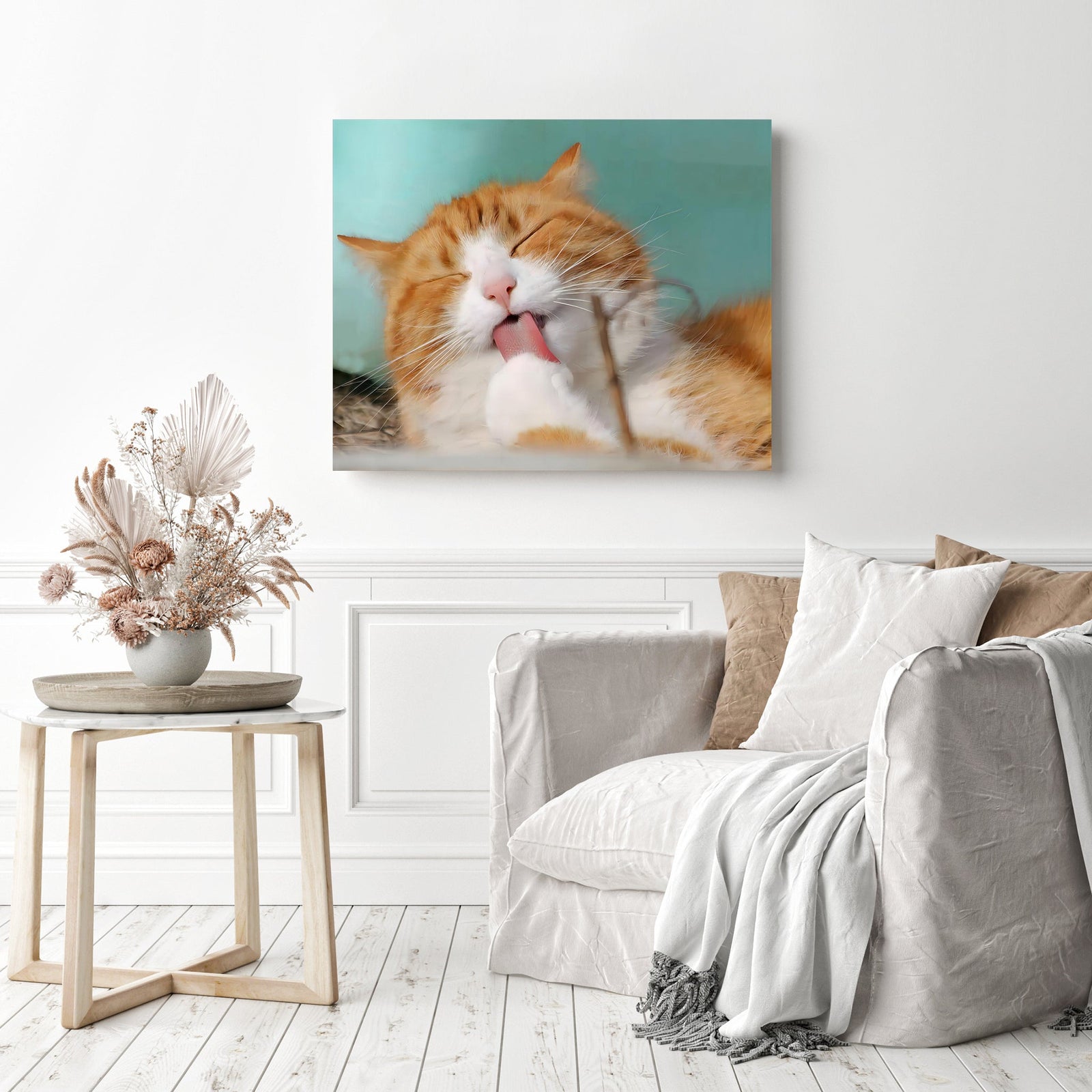 Yellow and White Cat | Diamond Painting Displayed as Home Decor