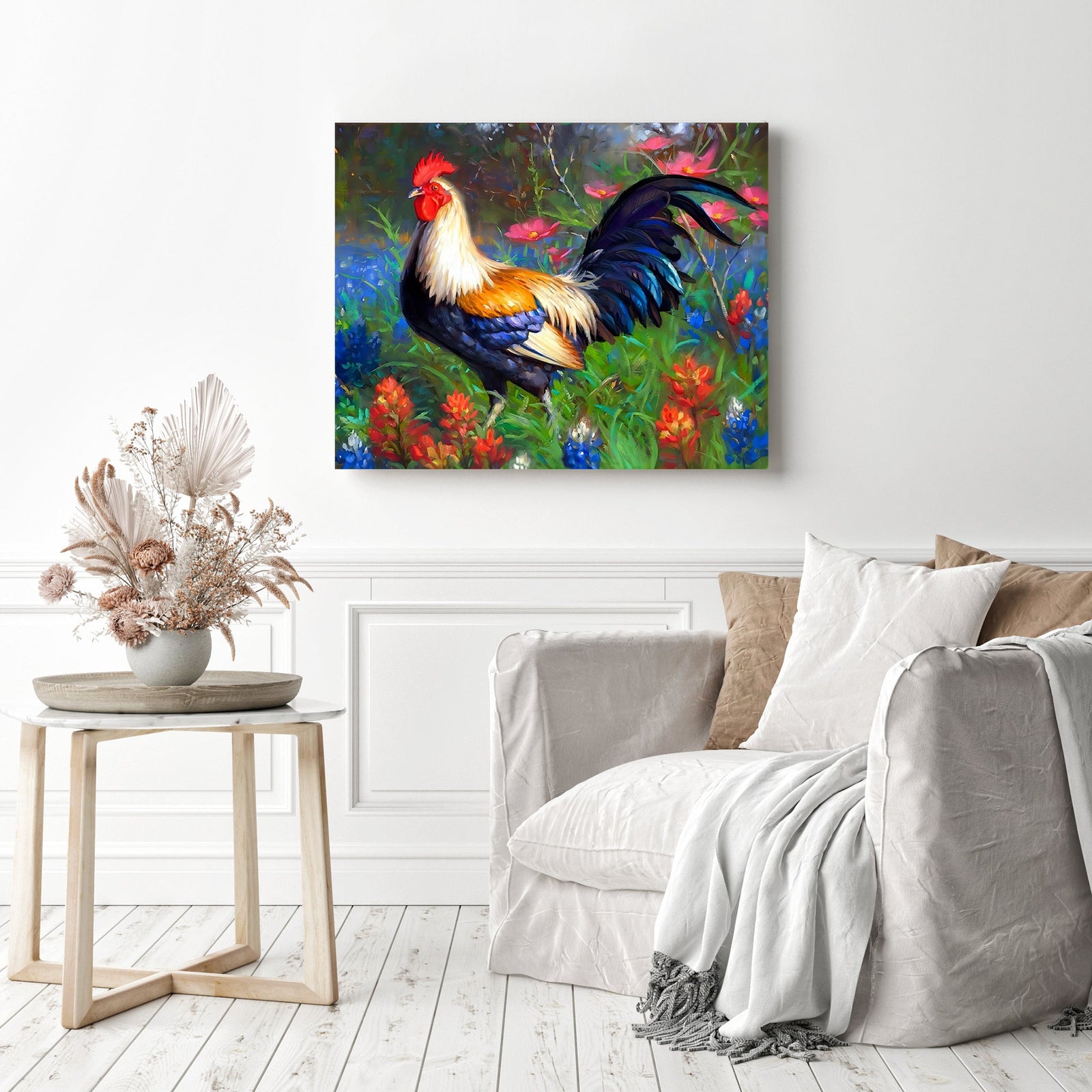 Floral Rooster | Diamond Painting Displayed as Home Decor