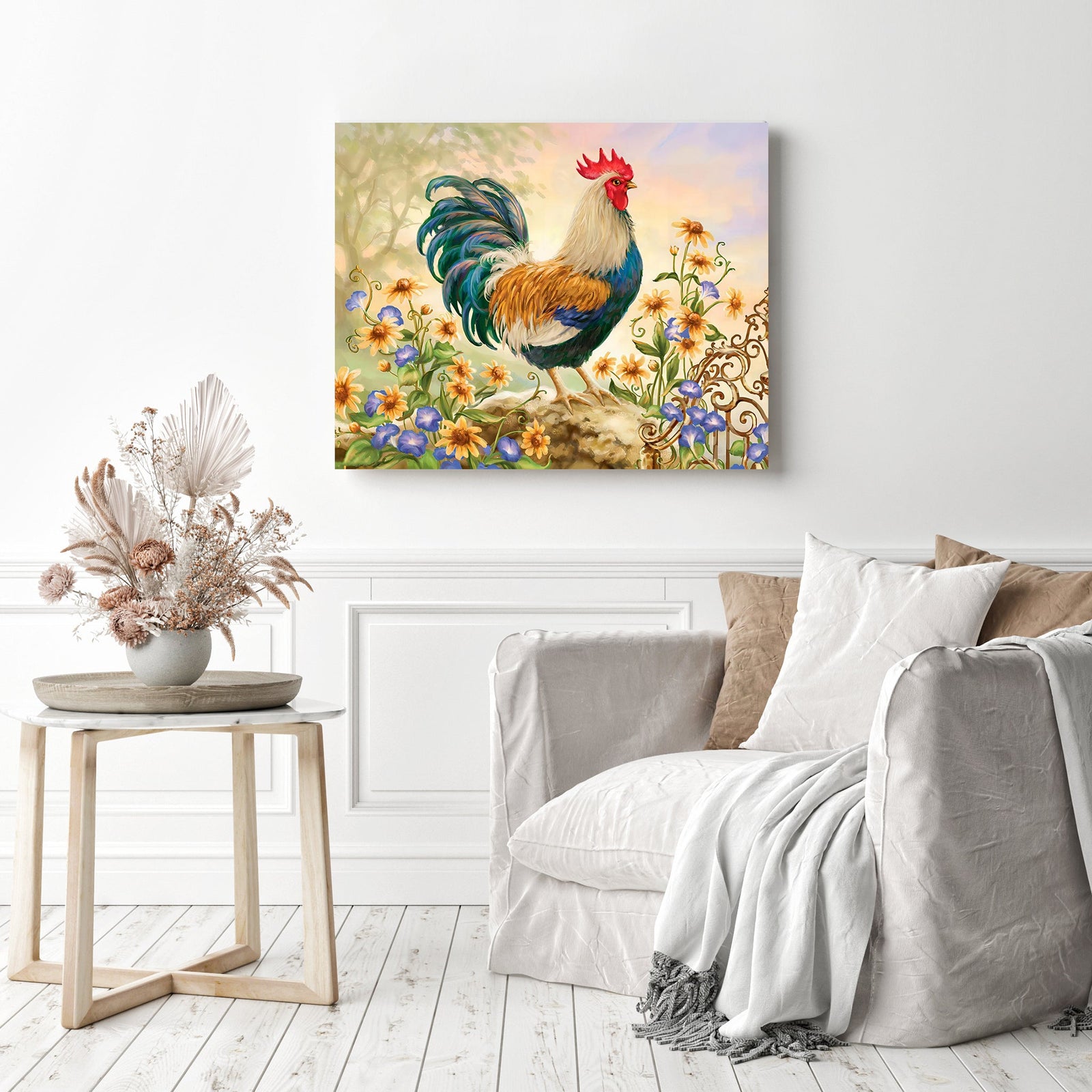 Rooster and Flowers | Diamond Painting Displayed as Home Decor