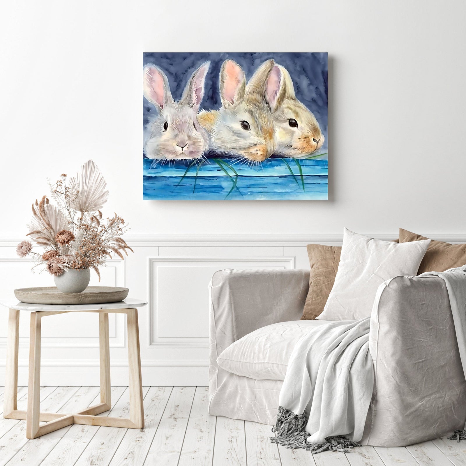 Three Rabbits | Diamond Painting Displayed as Home Decor