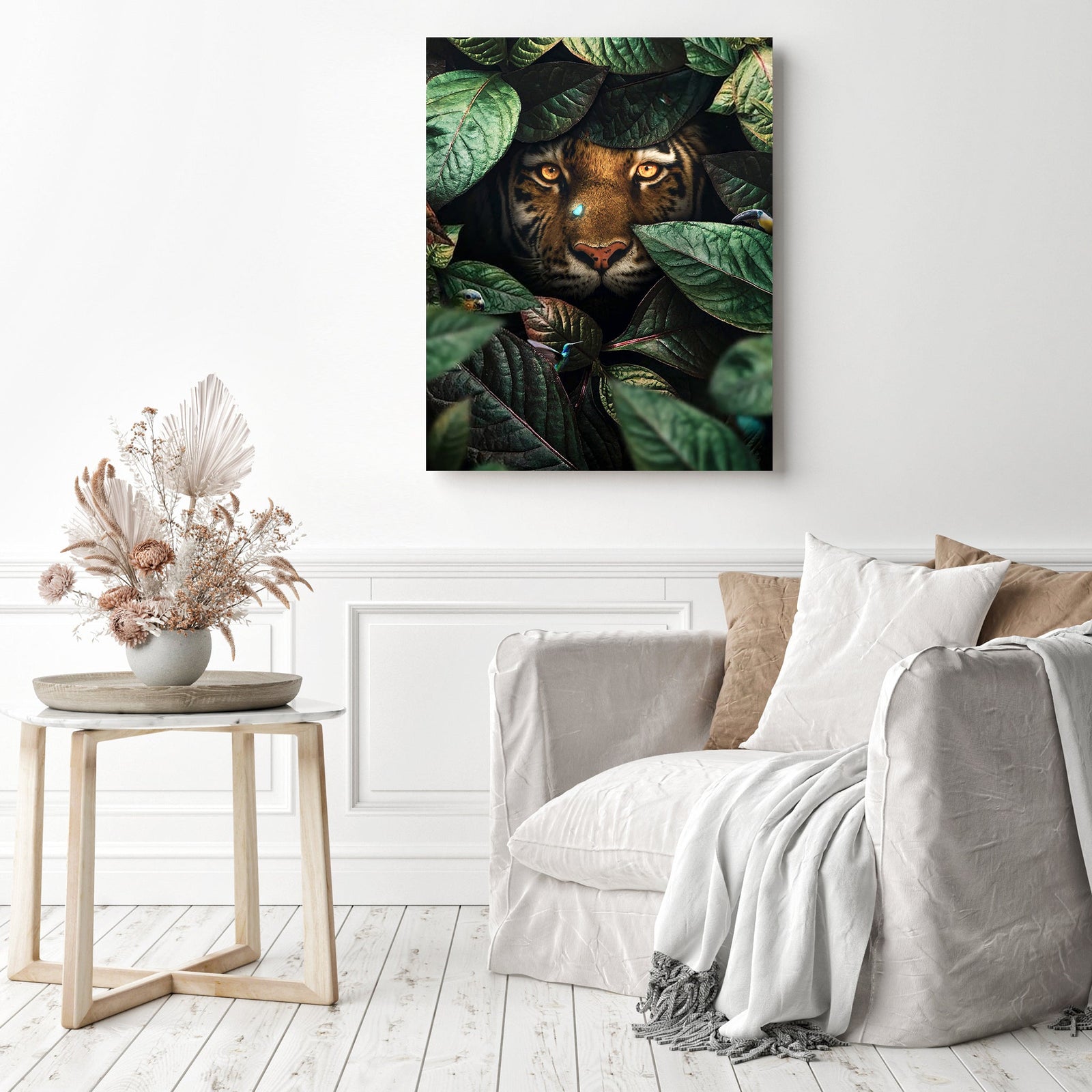 Tiger in Leaves | Diamond Painting Displayed as Home Decor