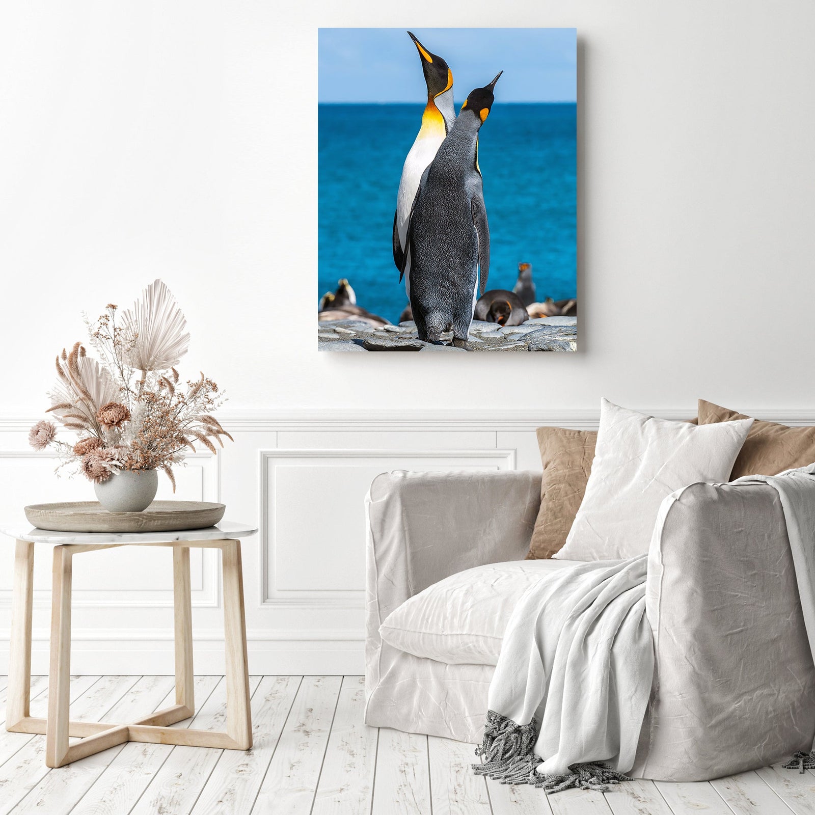 Two penguins on seashore | Diamond Painting Displayed as Home Decor