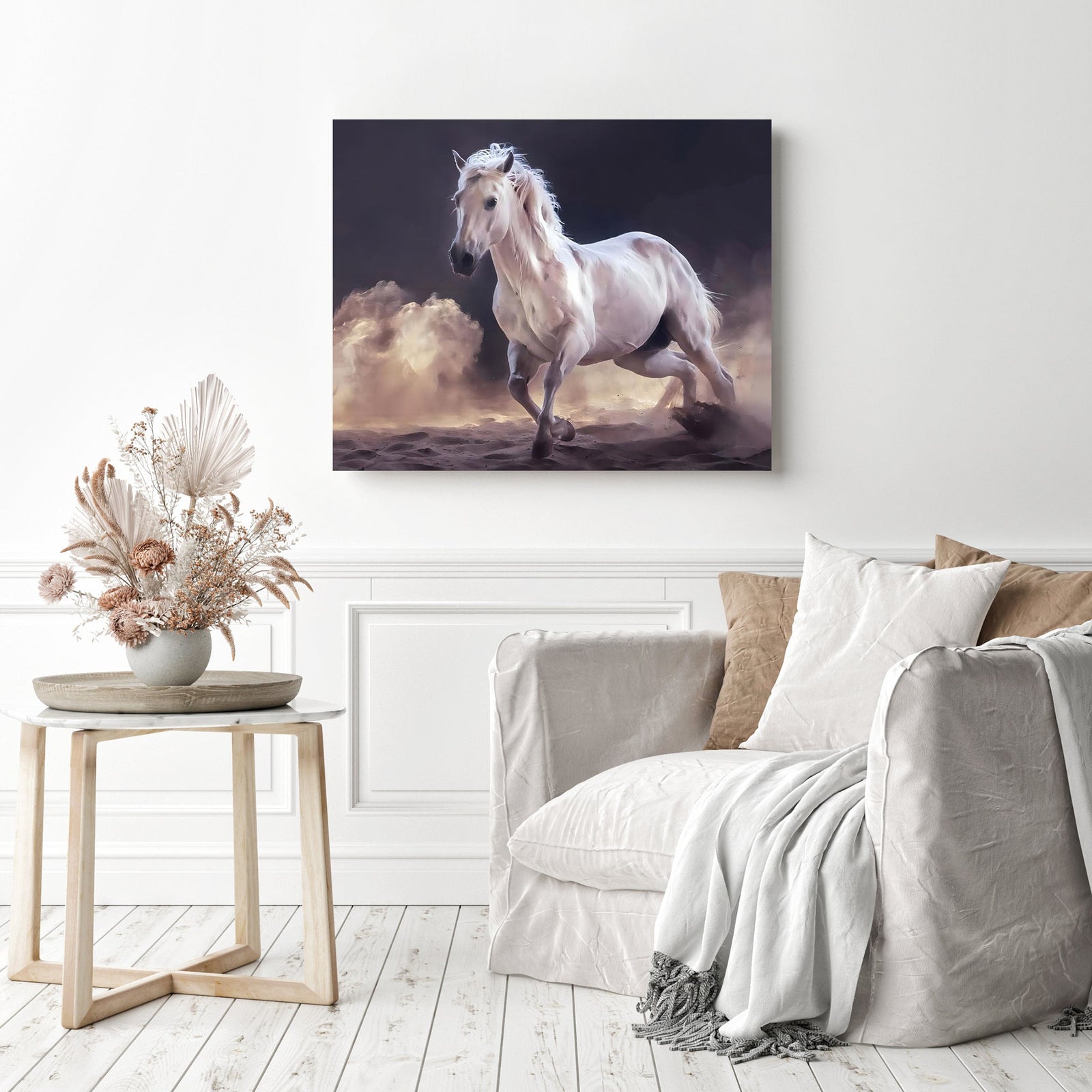 White Horse Raising Dust | Diamond Painting Displayed as Home Decor