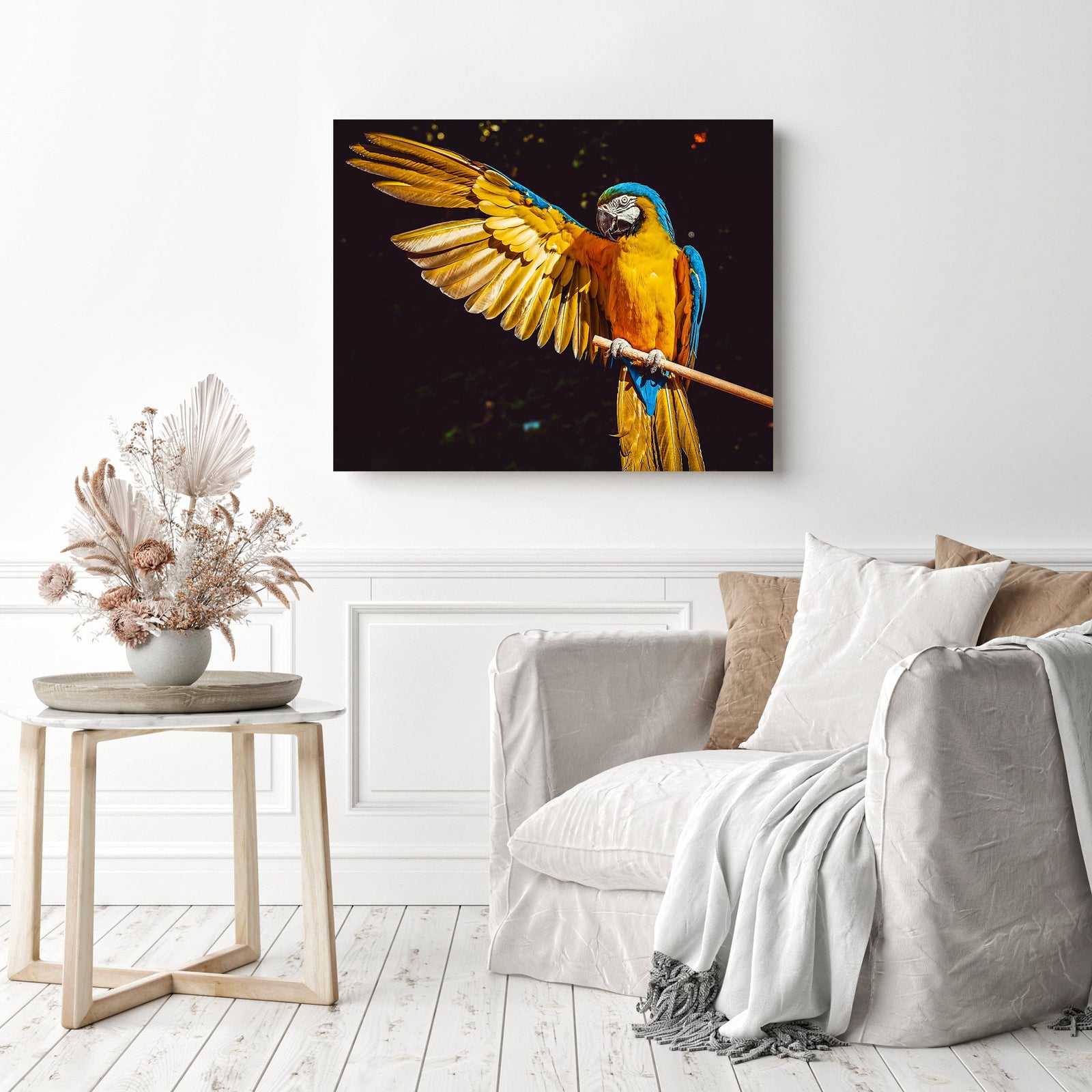 Yellow Blue and Green Parrot | Diamond Painting Displayed as Home Decor