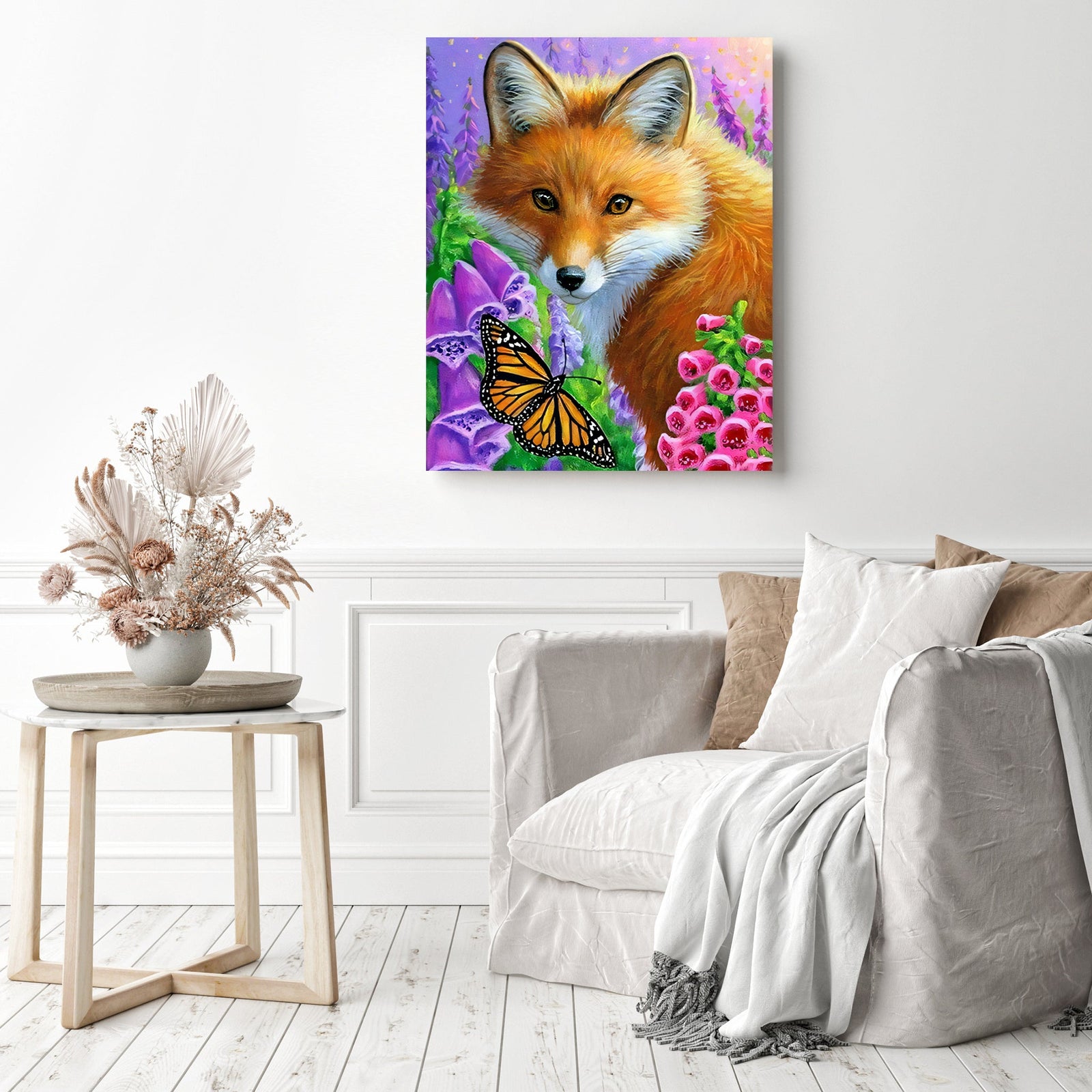 Butterfly and Fox | Diamond Painting Displayed as Home Decor