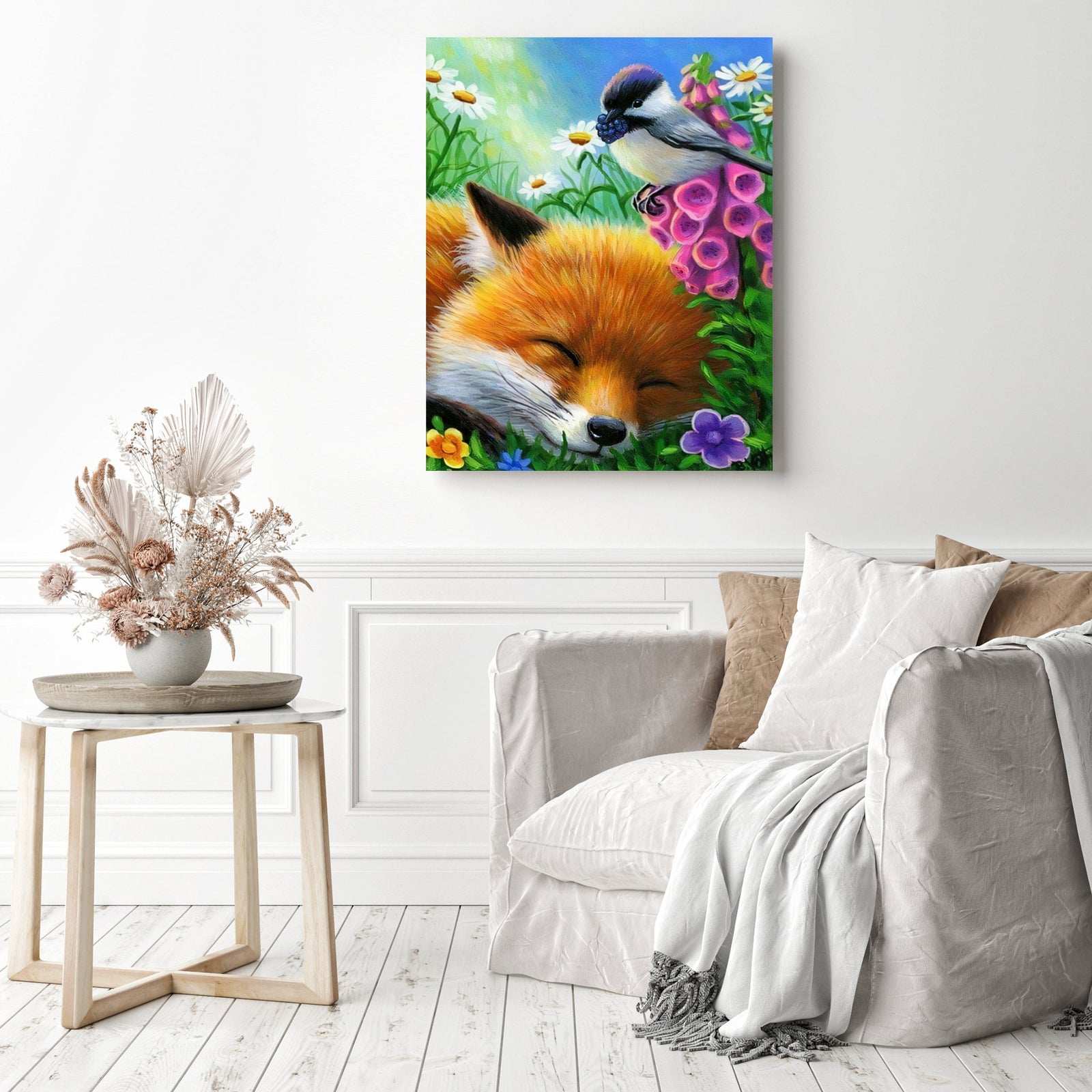 Lovely Fox and Bird | Diamond Painting Displayed as Home Decor