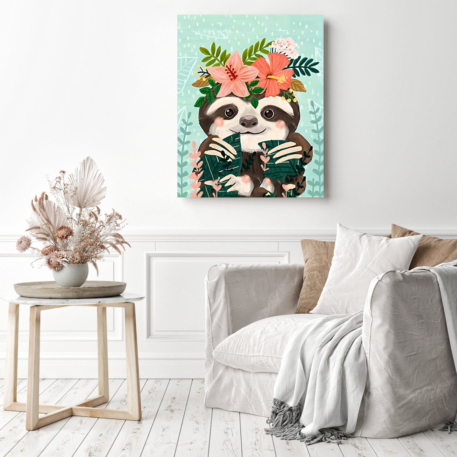 Flower and Sloth | Diamond Painting Displayed as Home Decor