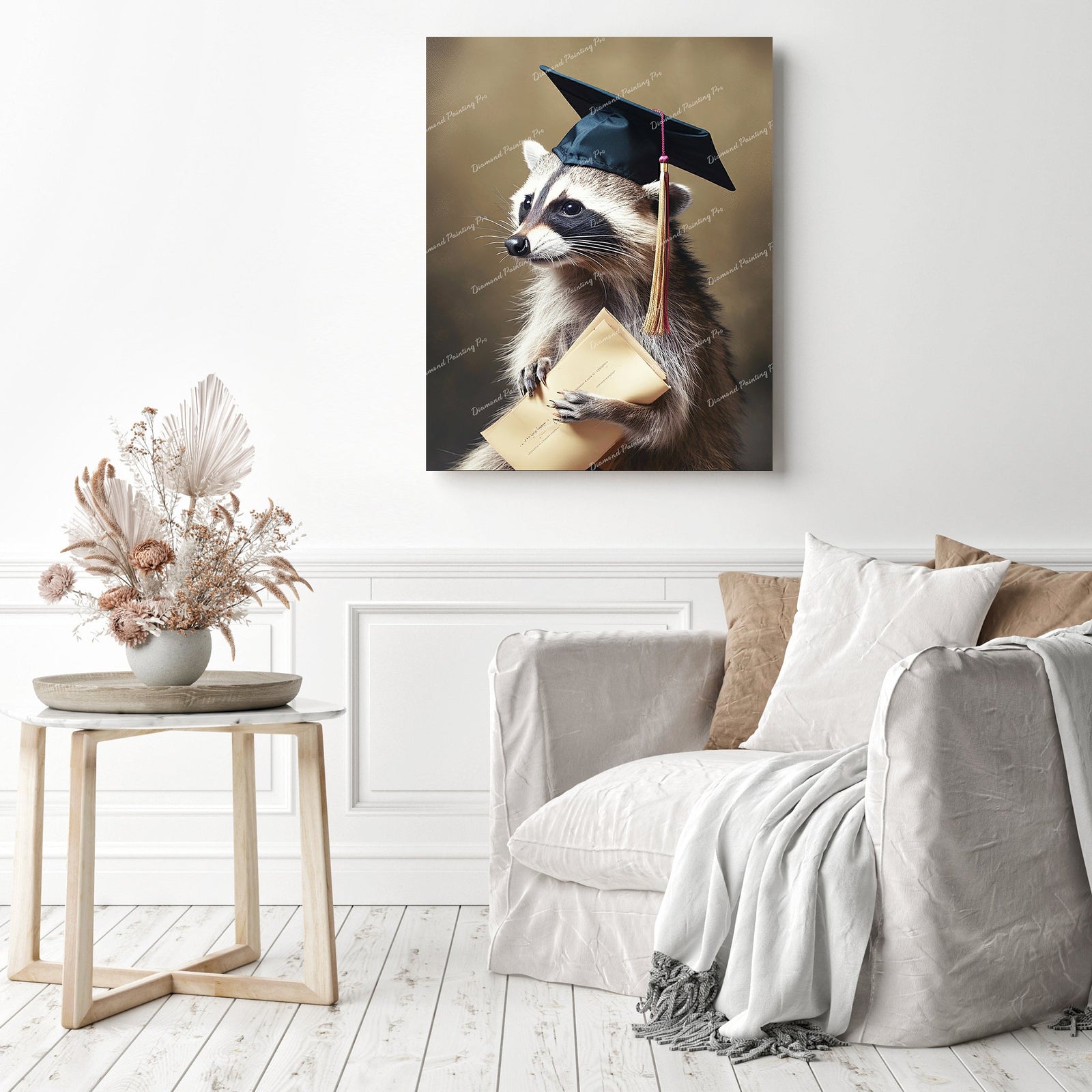 Classy Raccoon Graduate | Diamond Painting Displayed as Home Decor