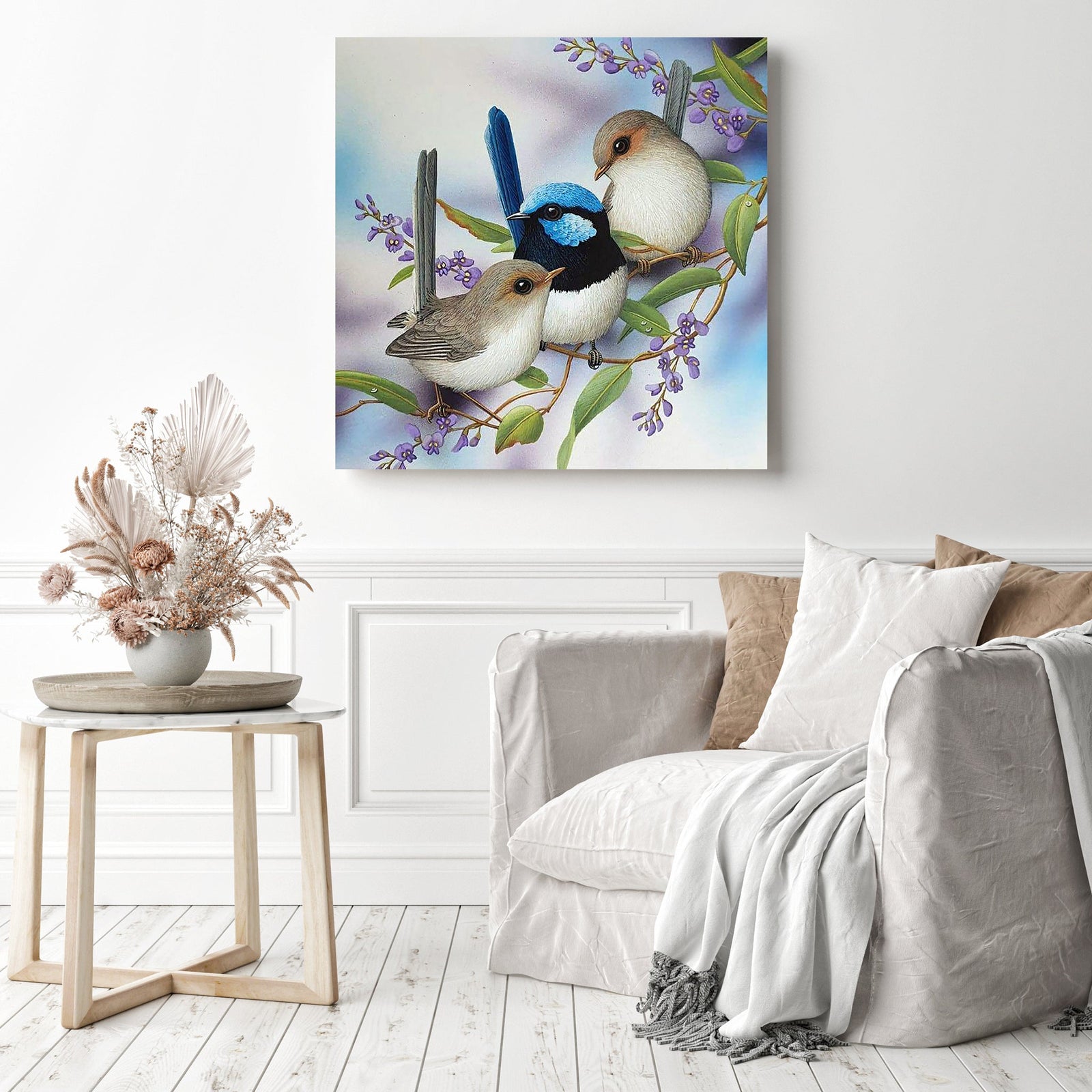 Wrens & Hardenbergia | Diamond Painting Displayed as Home Decor