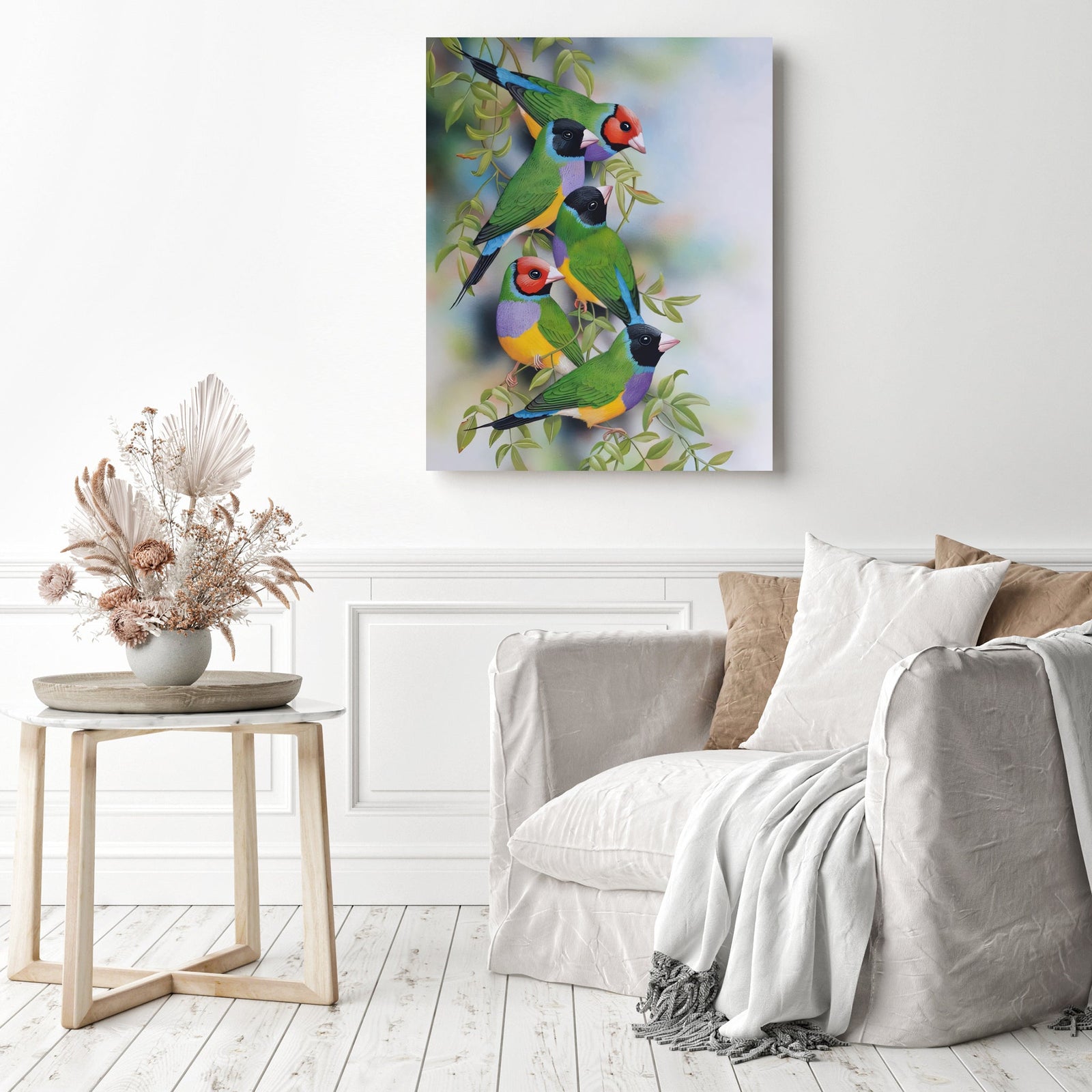 Gouldian Finches | Diamond Painting Displayed as Home Decor