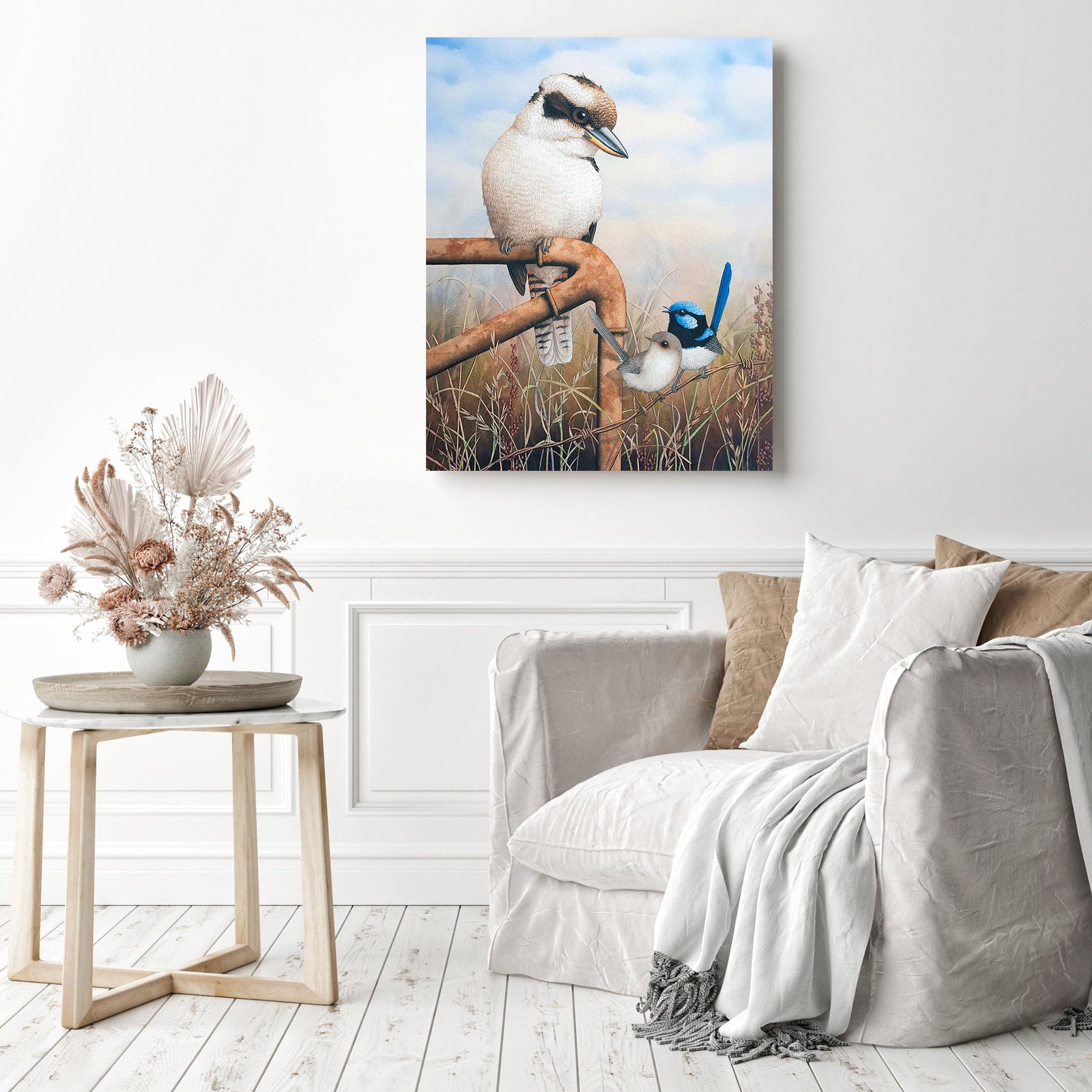 Kookaburra & Wrens | Diamond Painting Displayed as Home Decor