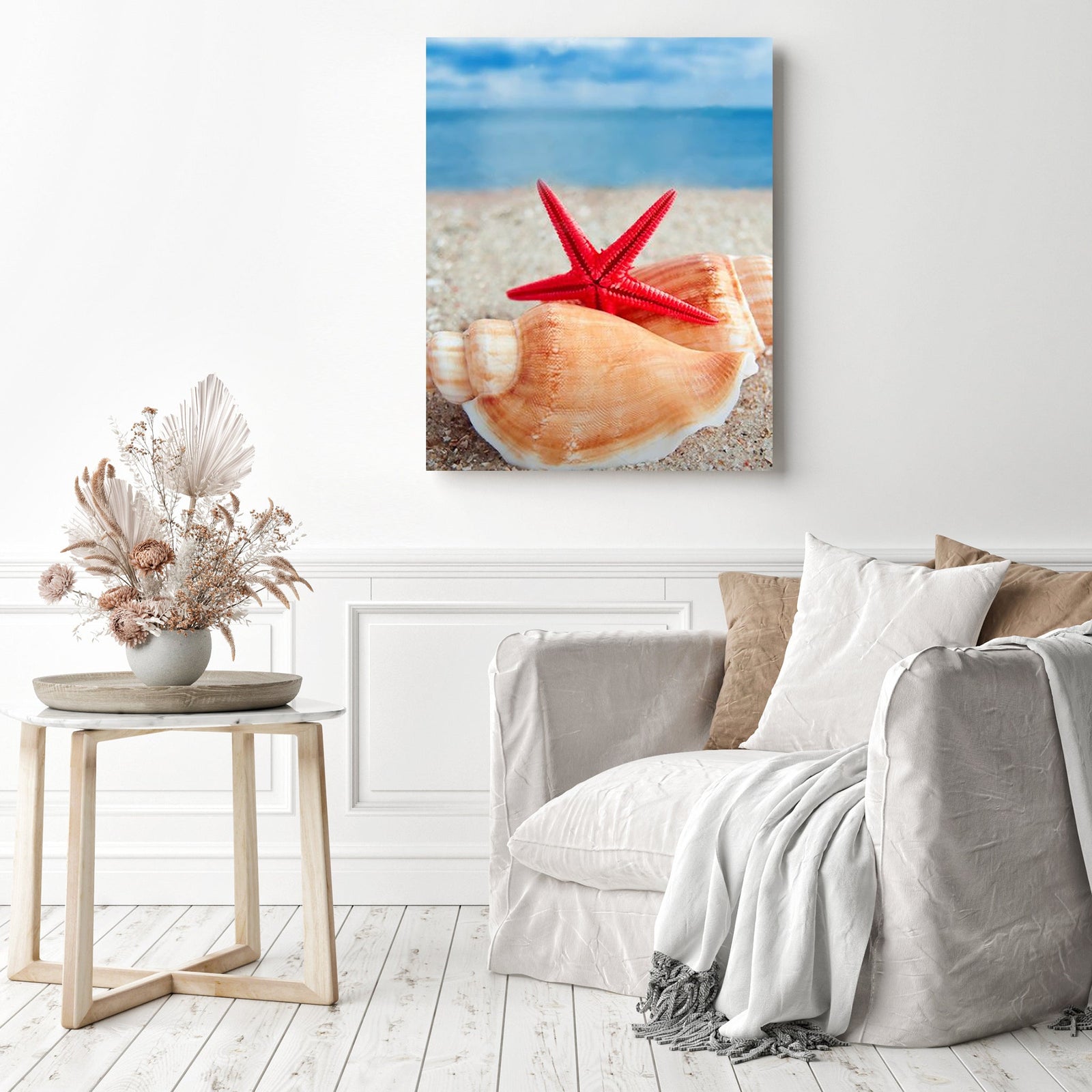 Shells and Starfish on Beach | Diamond Painting Displayed as Home Decor