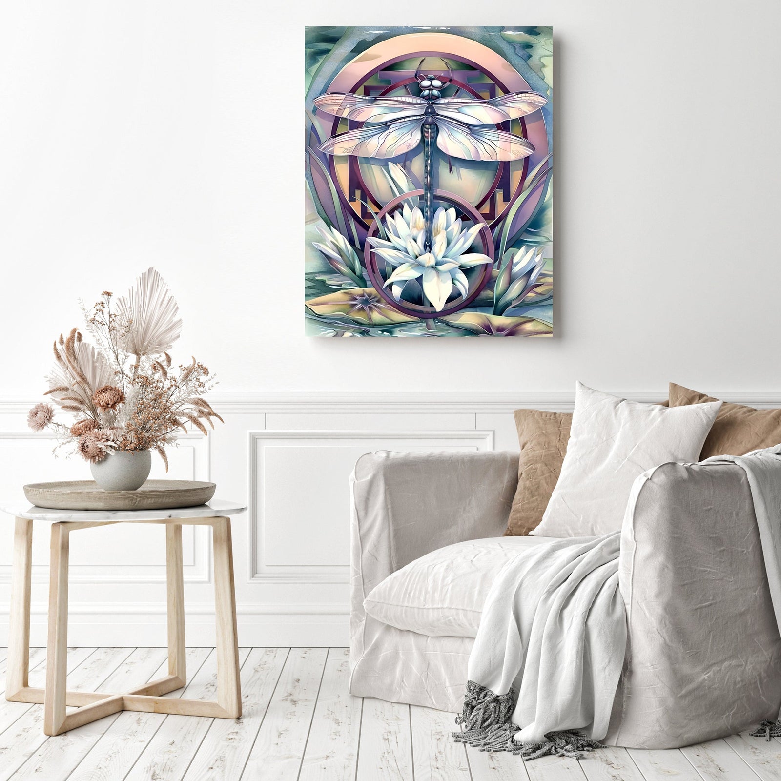 Colorful Dragonfly On The Lotus | Diamond Painting Displayed as Home Decor