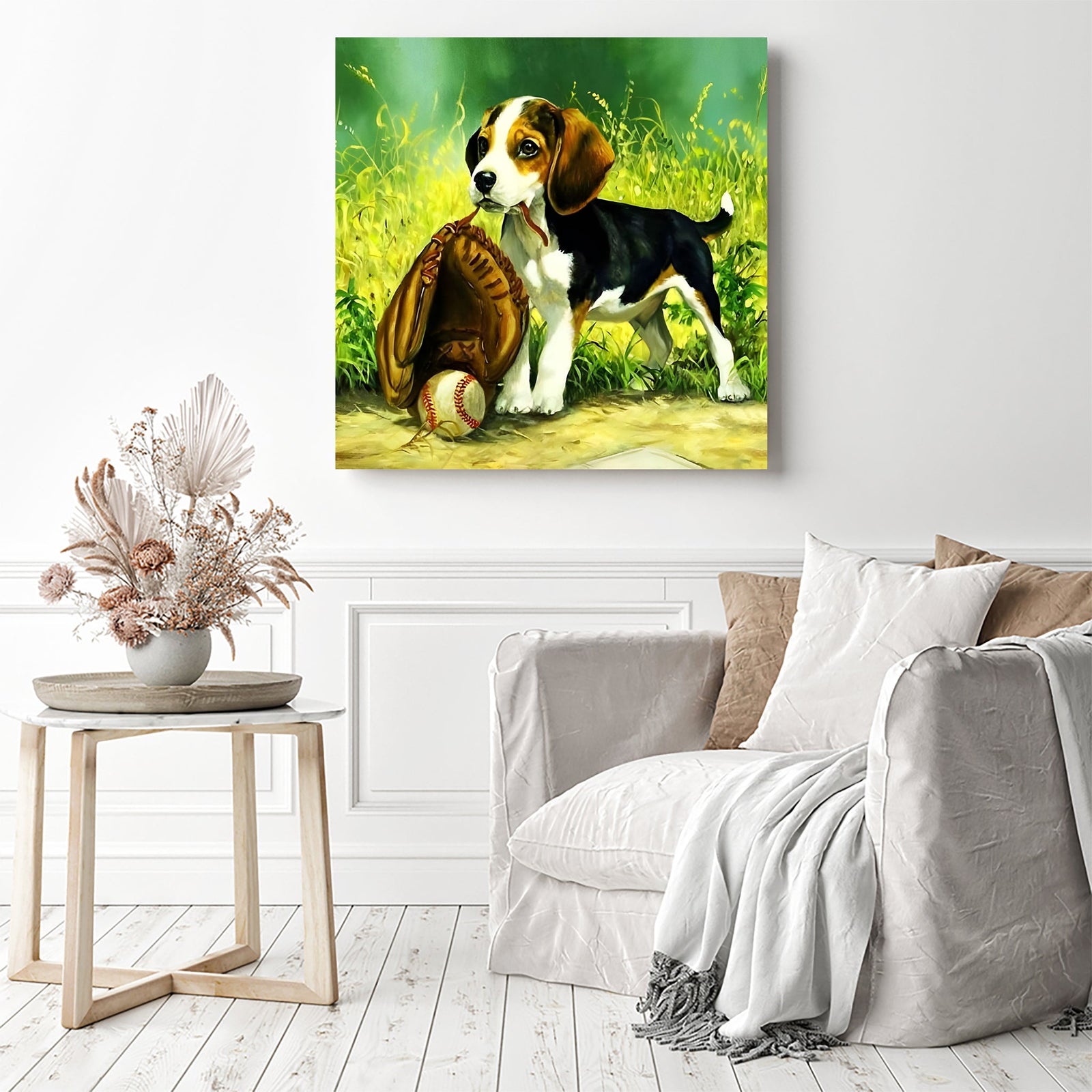 Dogs and Baseball | Diamond Painting Displayed as Home Decor