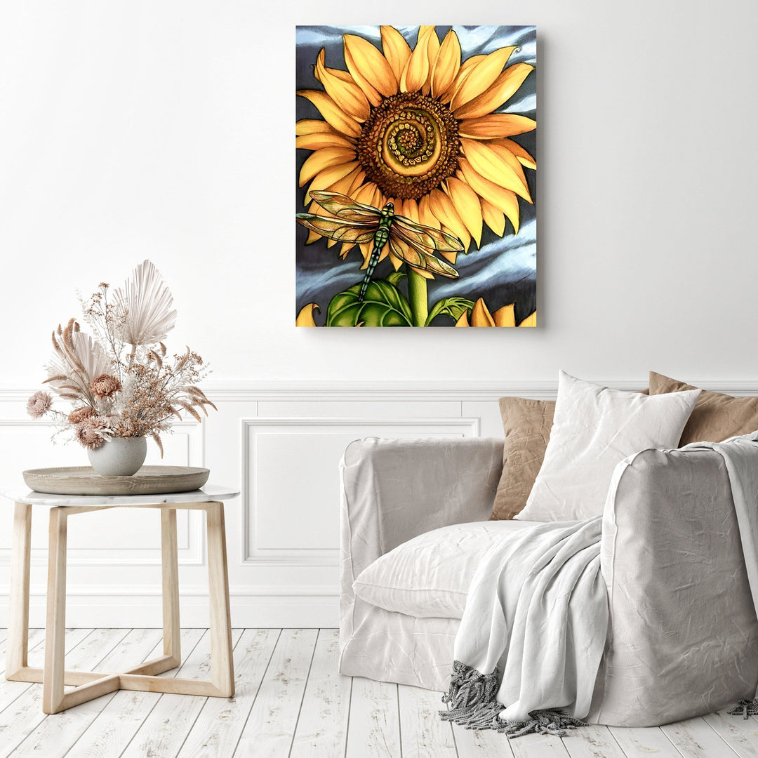 Beautiful Yellow Plant Sunflower Dragonfly | Diamond Painting