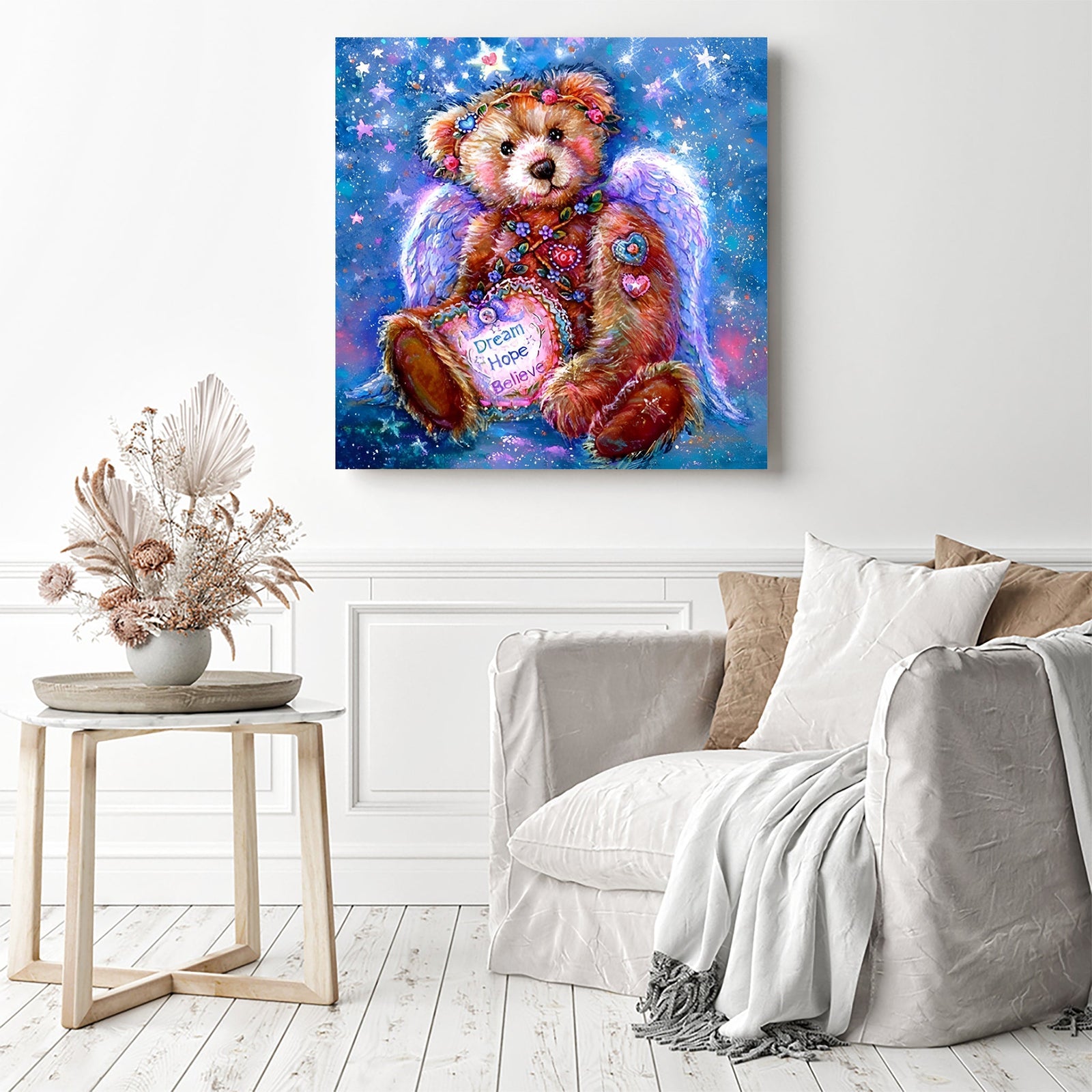 Bedazzled Cartoon Bear Angel | Diamond Painting Displayed as Home Decor