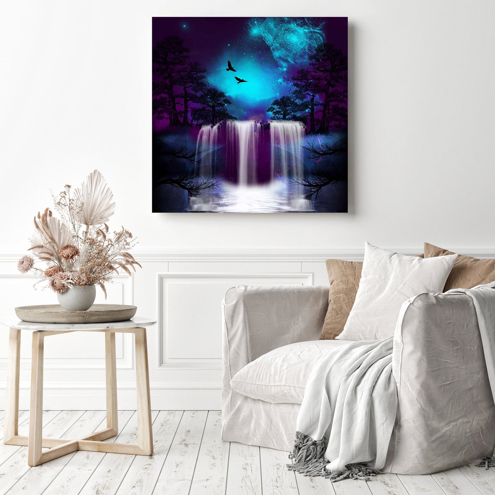 Fantastic Night Butterfly Waterfall | Diamond Painting Displayed as Home Decor