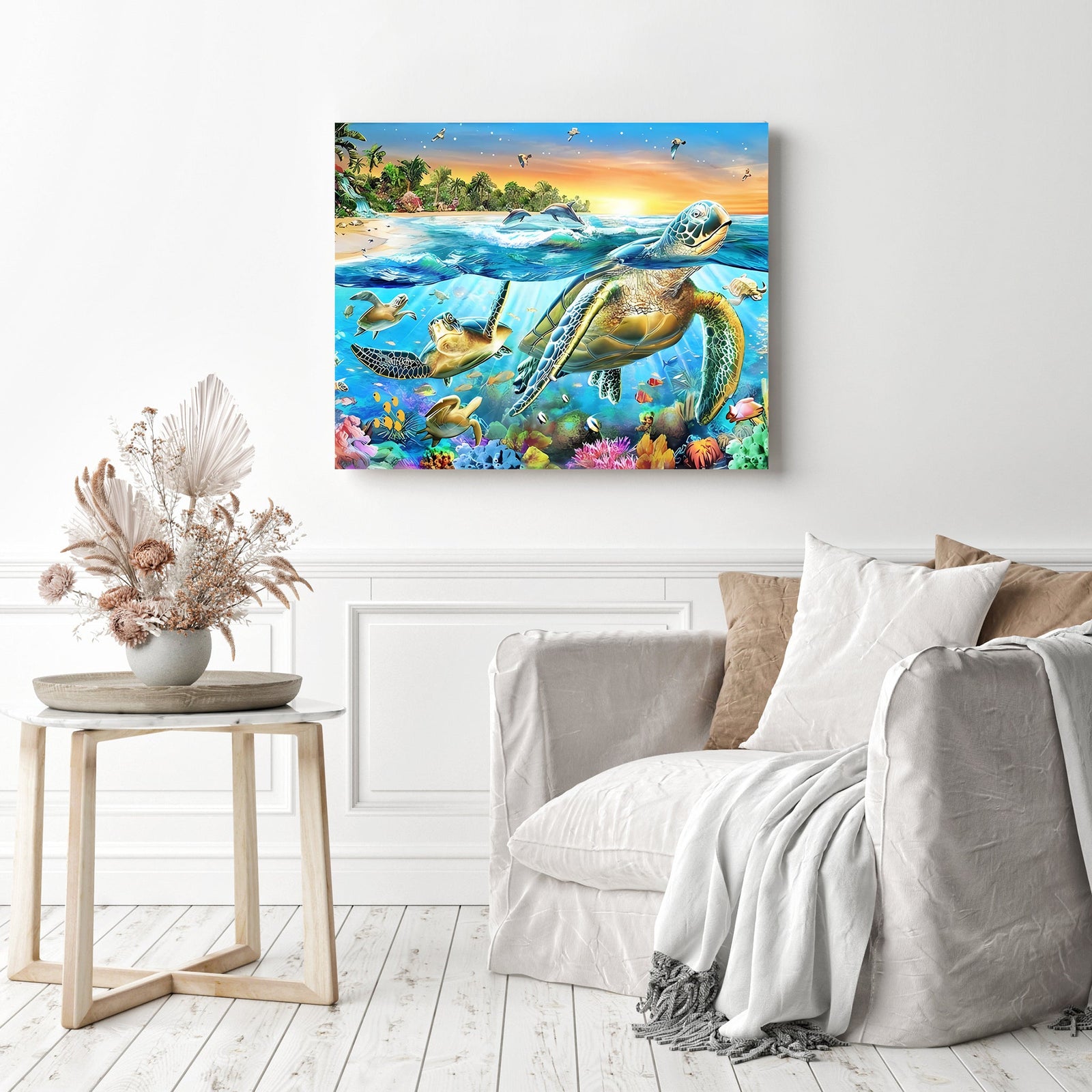 Sea Turtle Sunset | Diamond Painting Displayed as Home Decor