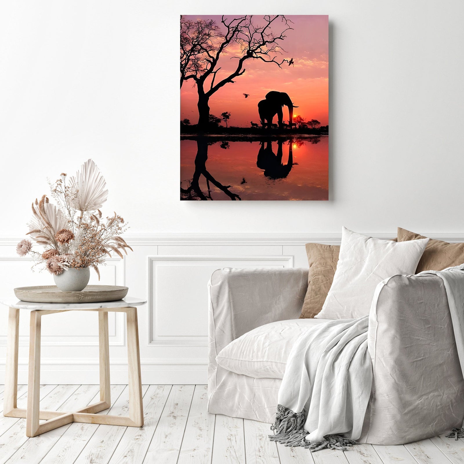 Sunset Landscape Elephant | Diamond Painting Displayed as Home Decor