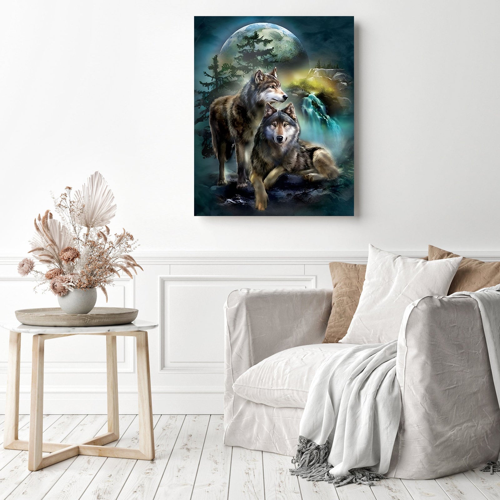 Moon Cool Wolf | Diamond Painting Displayed as Home Decor