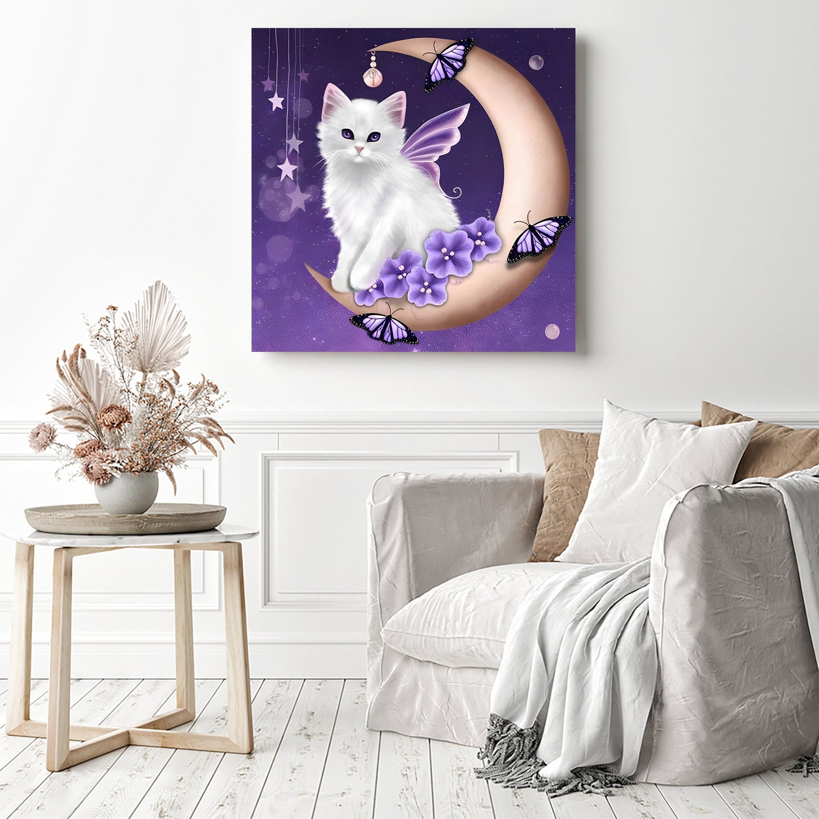 Moon Cat Purple | Diamond Painting Displayed as Home Decor